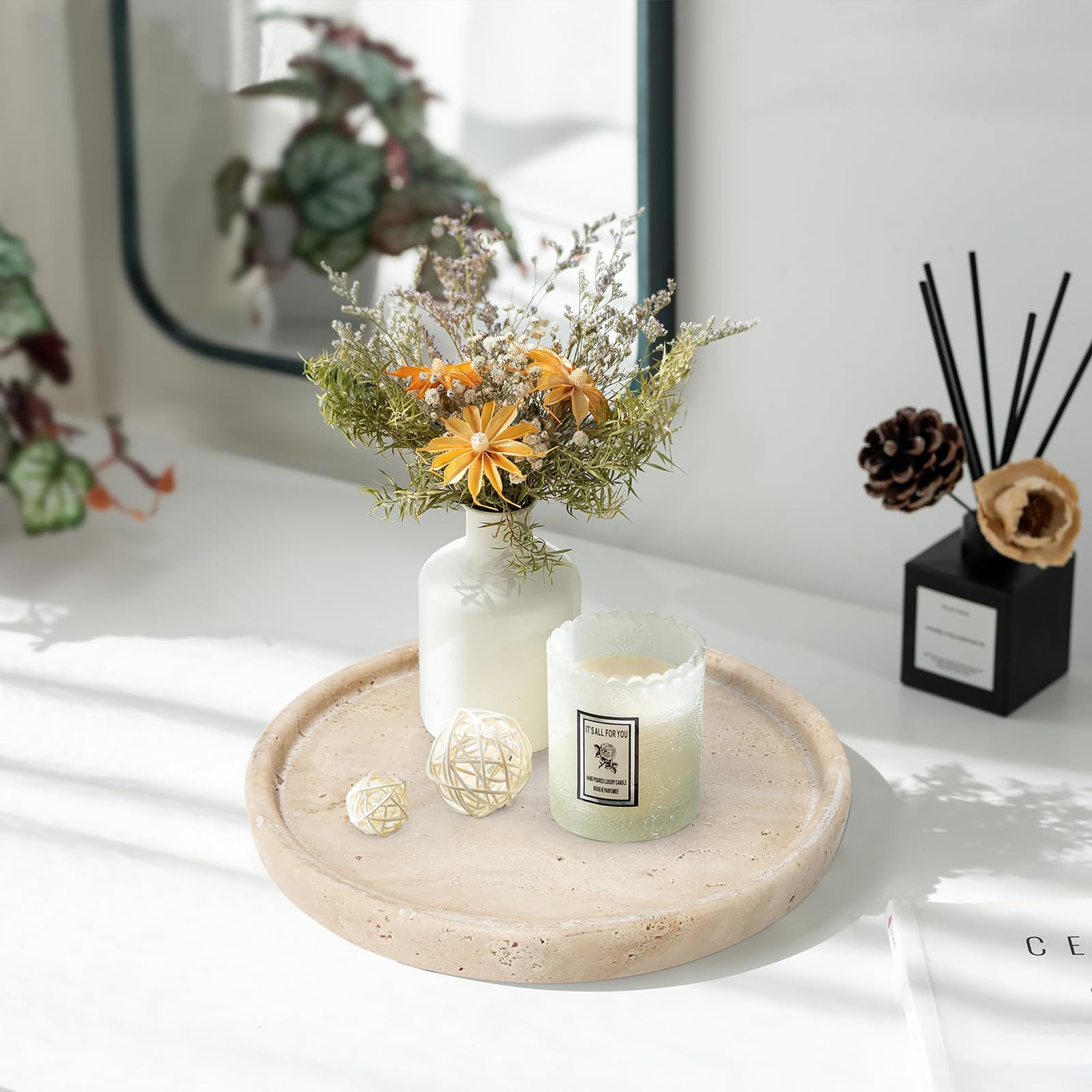 Travertin-Tablett, kleines Keramik-Schminktablett für Badezimmer-Thekendekoration, runde Marmor-Tabletts für Couchtisch (Beige, mittlere Größe)