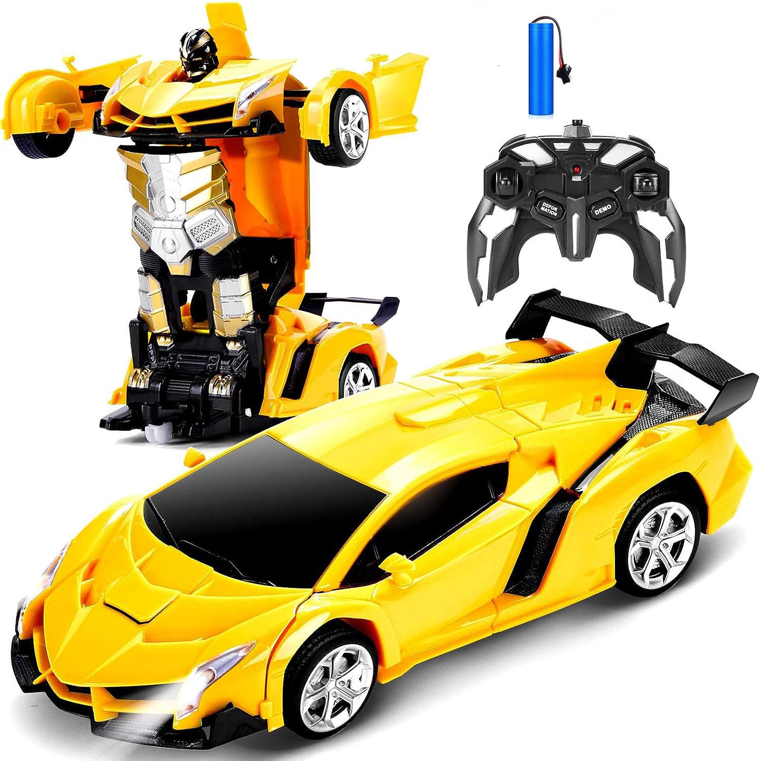 WTLSSG Remote Control Car,Transform Robot RC Cars with Cool LED Headlights, 2.4Ghz Toys Car with 360 Degree Rotation and One-Button Deformation, Present Birthday Gift for Boys/Girls (Yellow)