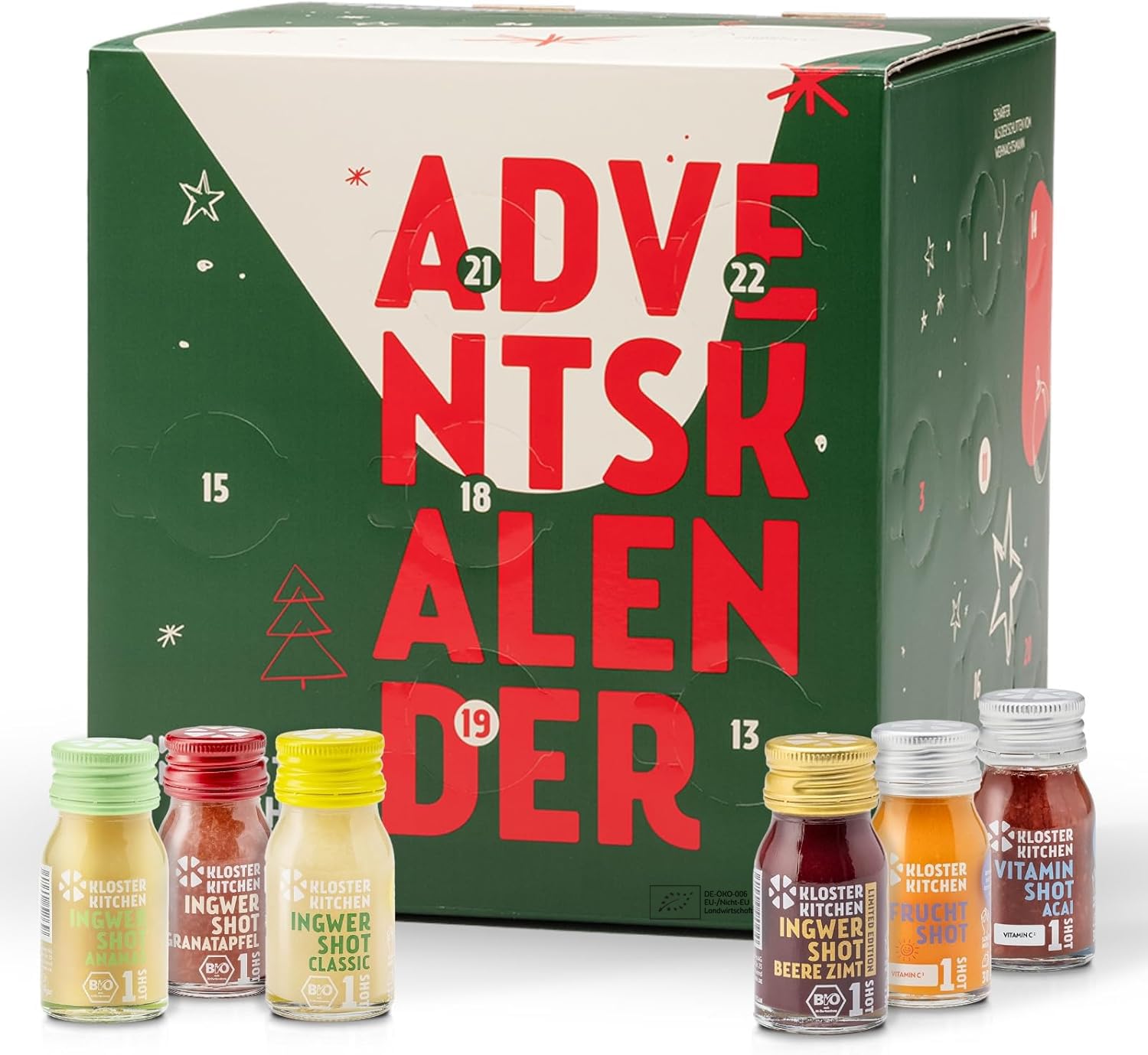 Kloster Kitchen Bio Ingwer Shots Adventskalender 2025 - Weihnachtskalender mit 35 Shotportionen - Hochwertige Bio-Getränke als Geschenk für Männer und Frauen - vegan & bio (inkl. 0 25€ EINWEG Pfand)