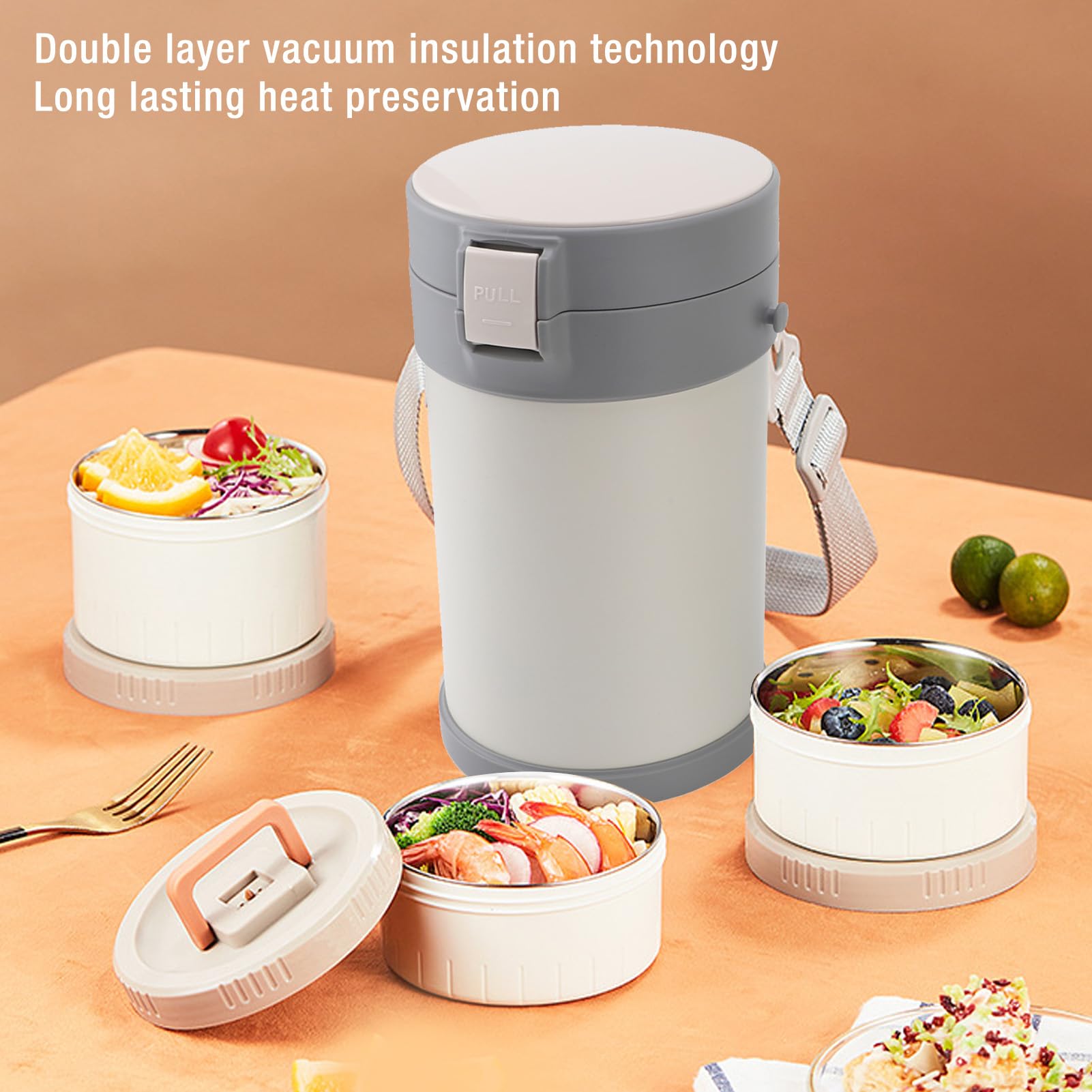 Aramox Isolierter Lebensmittelbehälter, 2,3 L, 3-stöckige -Lunchbox, Vakuumisolierter Lebensmittelbehälter aus Edelstahl 304, Mikrowellengeeignete Boxen, Auslaufsicher, mit Schultergurt für das