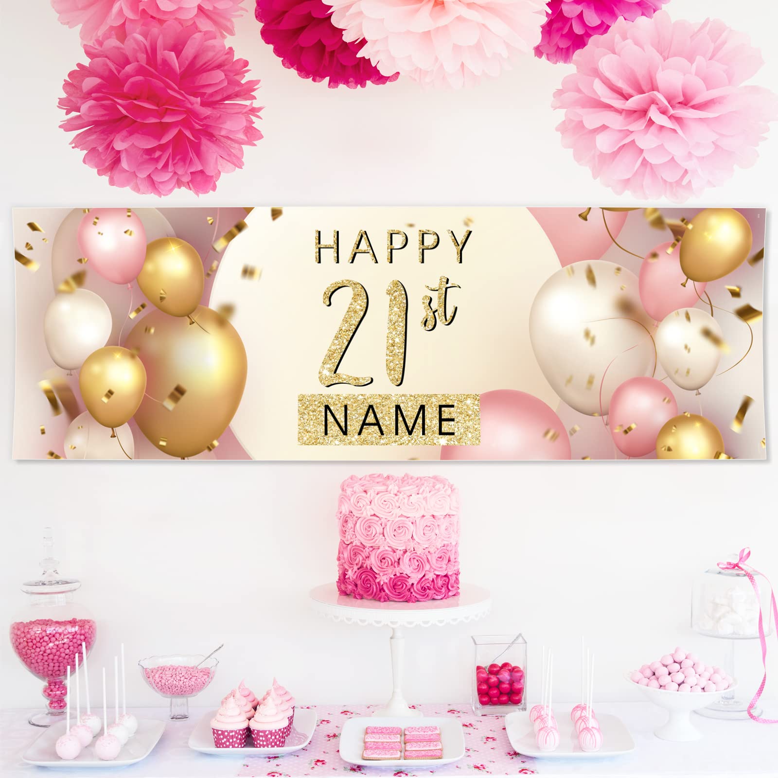 Happy 21st Birthday Banner & Cake Topper Set - Pink Glitter Party Decorations For Women, DIY Garland & Sign - View #9
