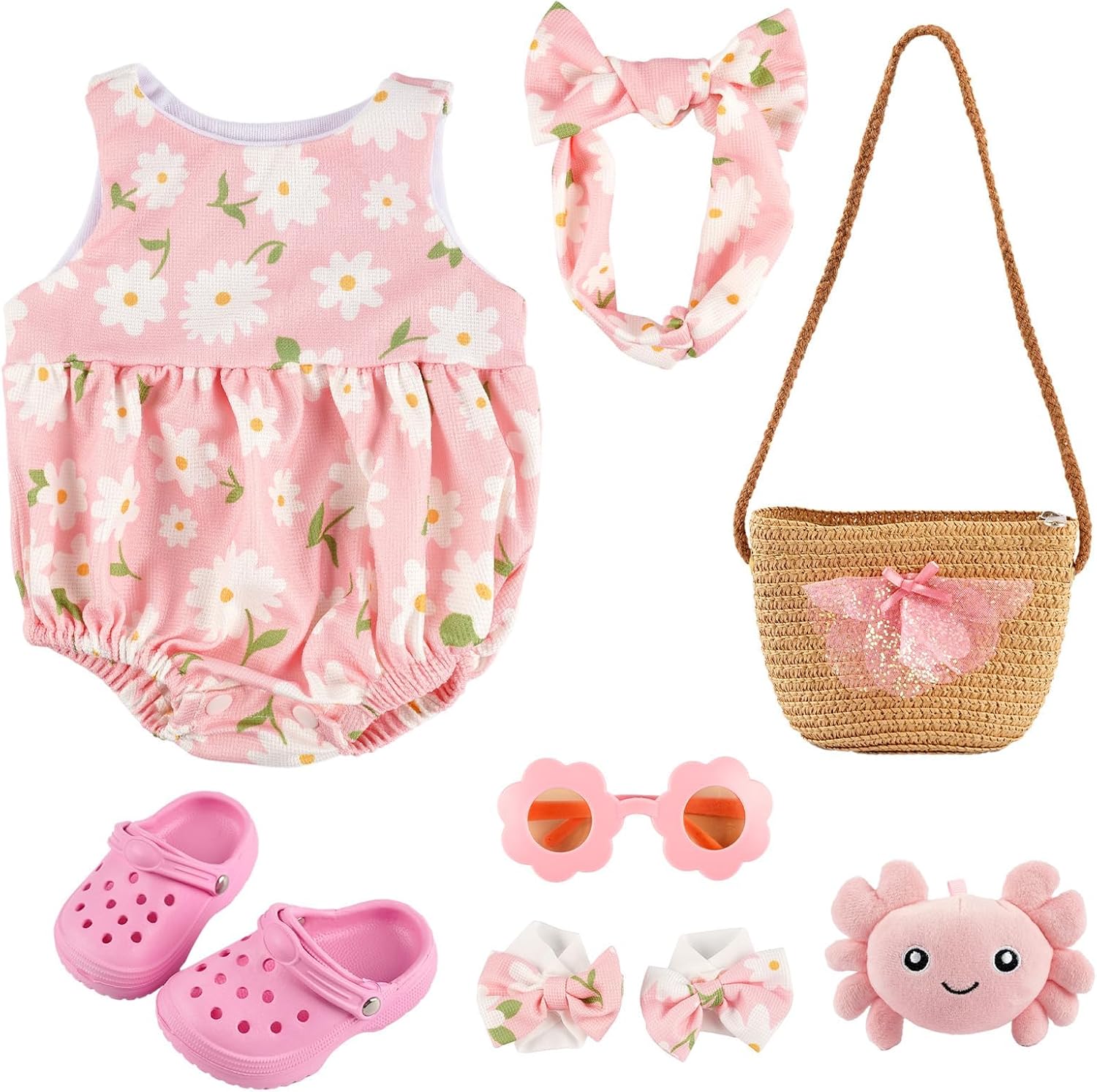 BABESIDE 16-20 Inch Reborn Baby Doll Clothes Set with 16 Inch Doll Shoes for Reborn Dolls, Summer Floral Babydoll Clothes with Bag Headband for Realistic Baby Dolls Accessories, Pink