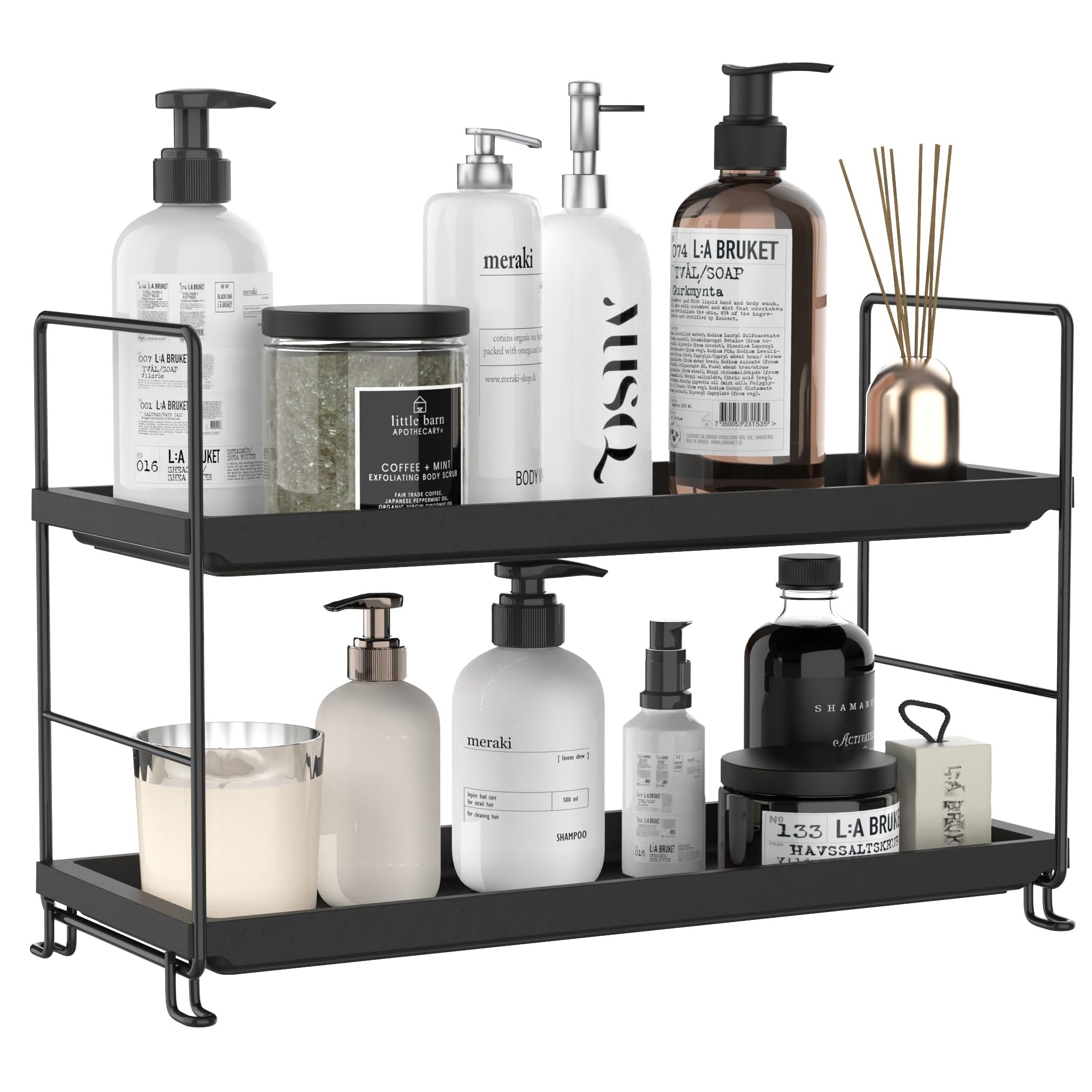 2-Tier Bathroom Countertop Organizer, Kitchen Spice Rack or Vanity Tray Makeup Shelf Skincare Lotion Cosmetics Perfume Organizers Bedroom Storage Tray (Black & Black)