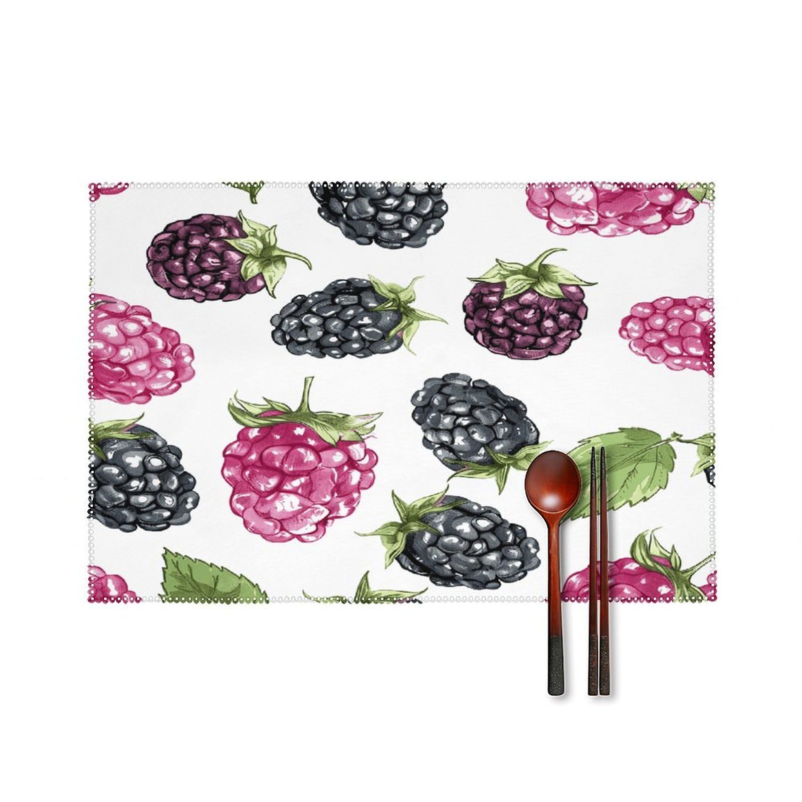 BlackBerry Fruit Pattern Placemats Set of 6 Heat Resistant Non-Slip Place Mats Washable Wipeable Table Mats Elegant Farmhouse Placemat for Kitchen Dining Outdoor Party Table Decor