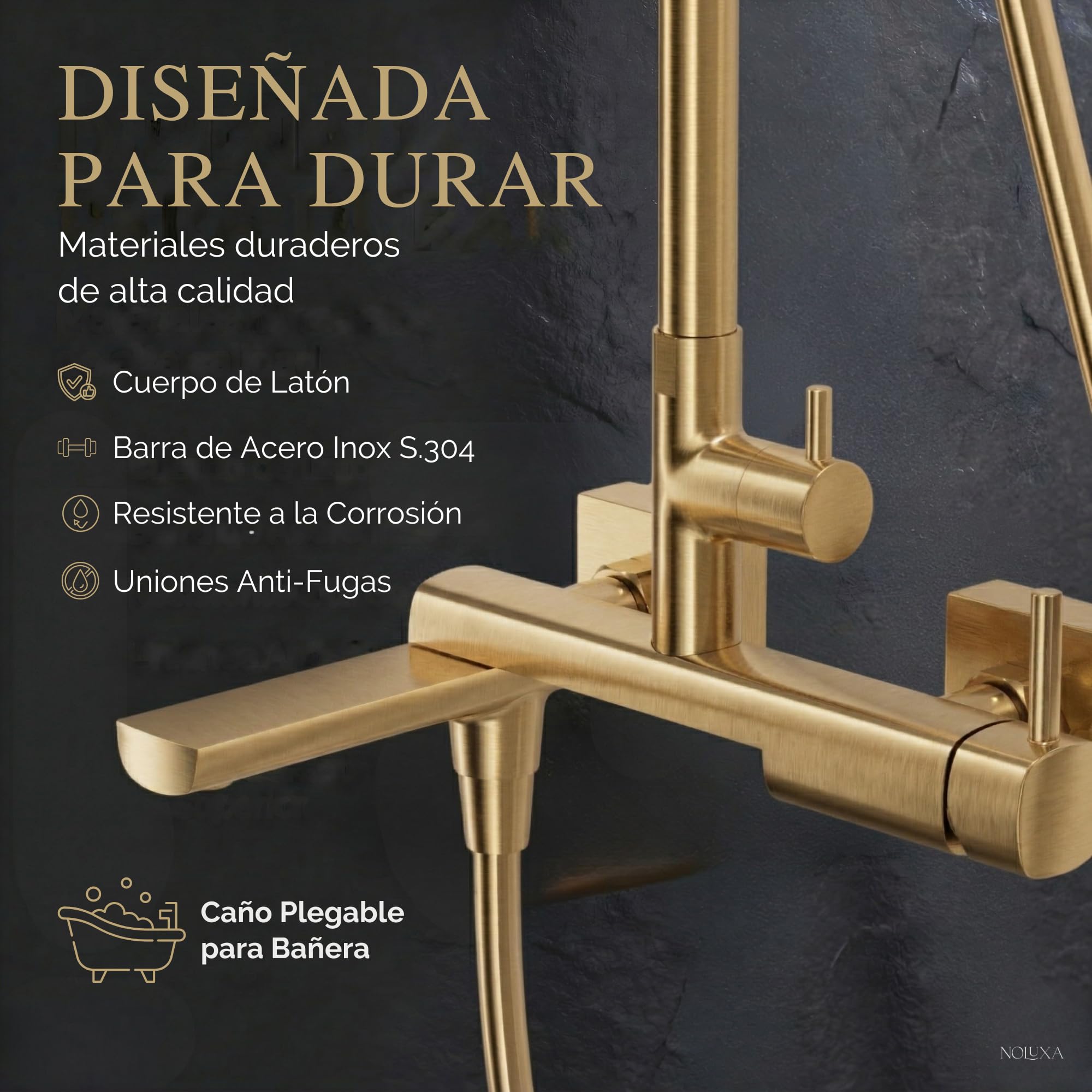 IMEX - Columna Ducha con Grifo para Bañera Oro Cepillado | Conjunto de Bañera con Alcachofa y Rociador Antical Dorado | Griferia en Latón y Acero Inox S.304 con Barra Extensible | Serie Toscana