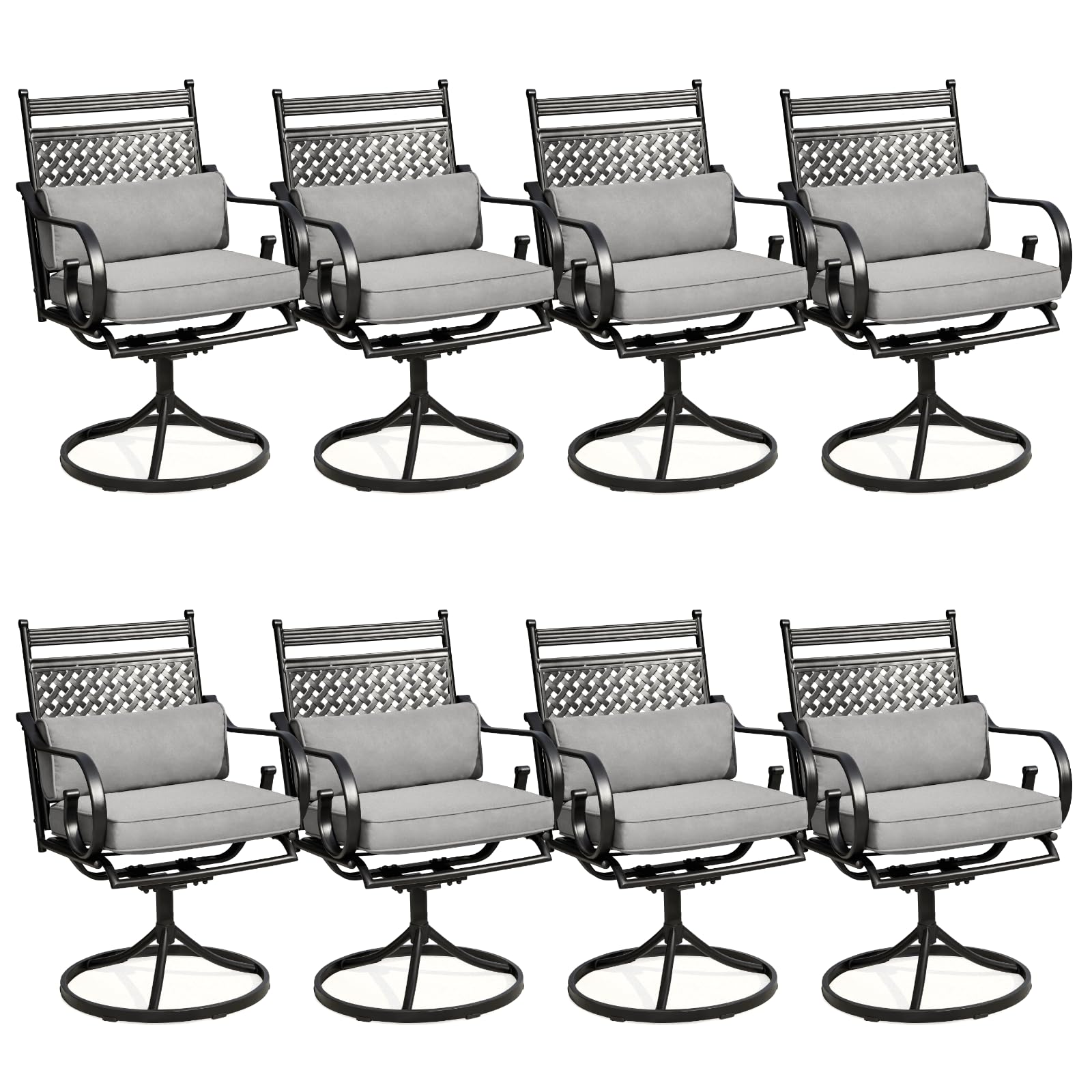 MELLCOM Patio Swivel Chair Set of 8, Heavy Duty Outdoor Dining Chairs with Cushions and Lumbar Pillows, Metal Patio Chairs Gentle Rocker for Outside,
