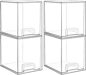 Vtopmart 4 Pack Clear Stackable Storage Drawers,7.6" H Plastic Organizers Bins for Skincare, Bathroom Supplies,Ideal for Cabinet,Under Sink,Vanity,Kitchen,Pantry Organization