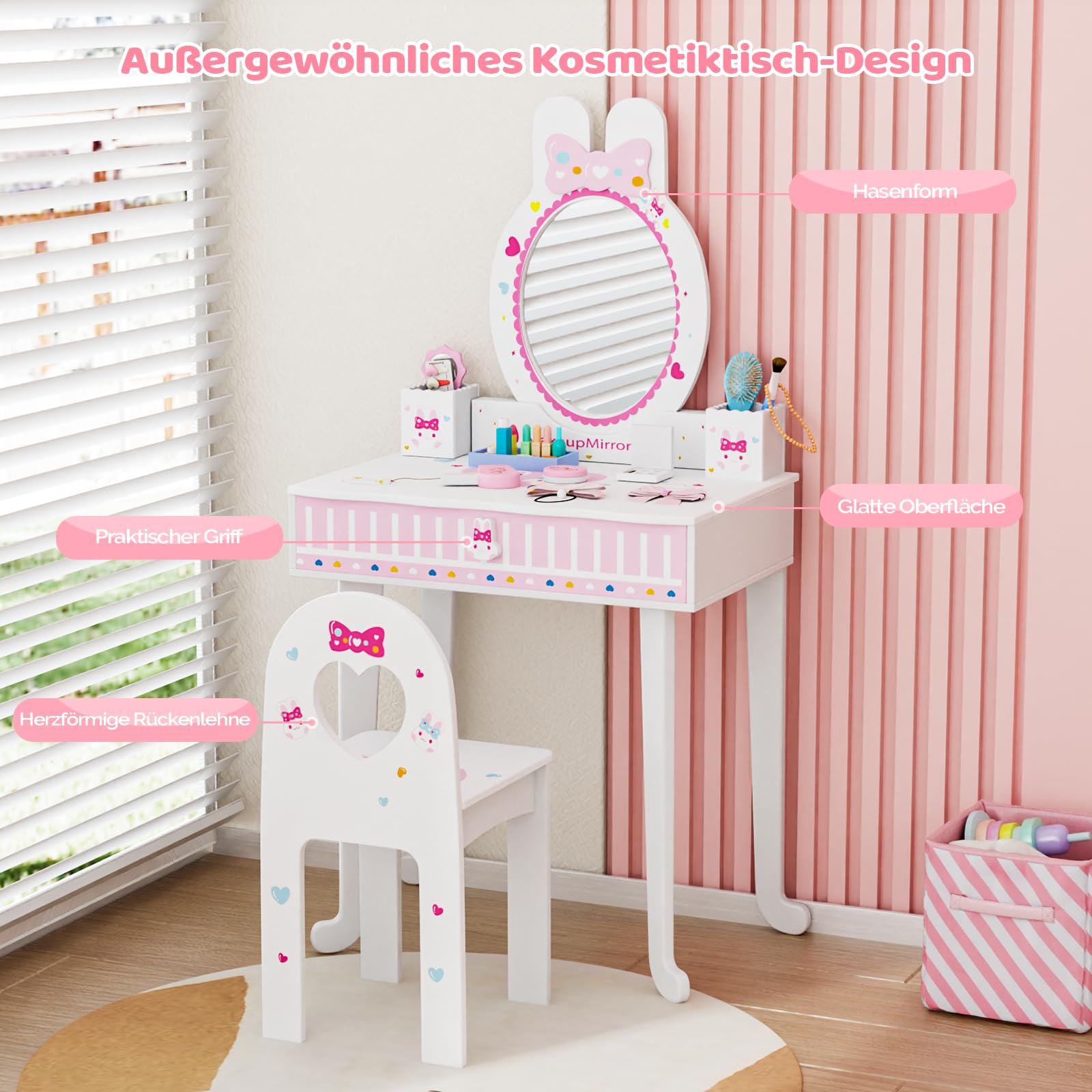 Bonnlo Coiffeuse pour Enfants 106cm, avec Miroir et Tabouret, Coiffeuse Enfant Fille avec Accessoires, Bureau 2 en 1 (Blanc)