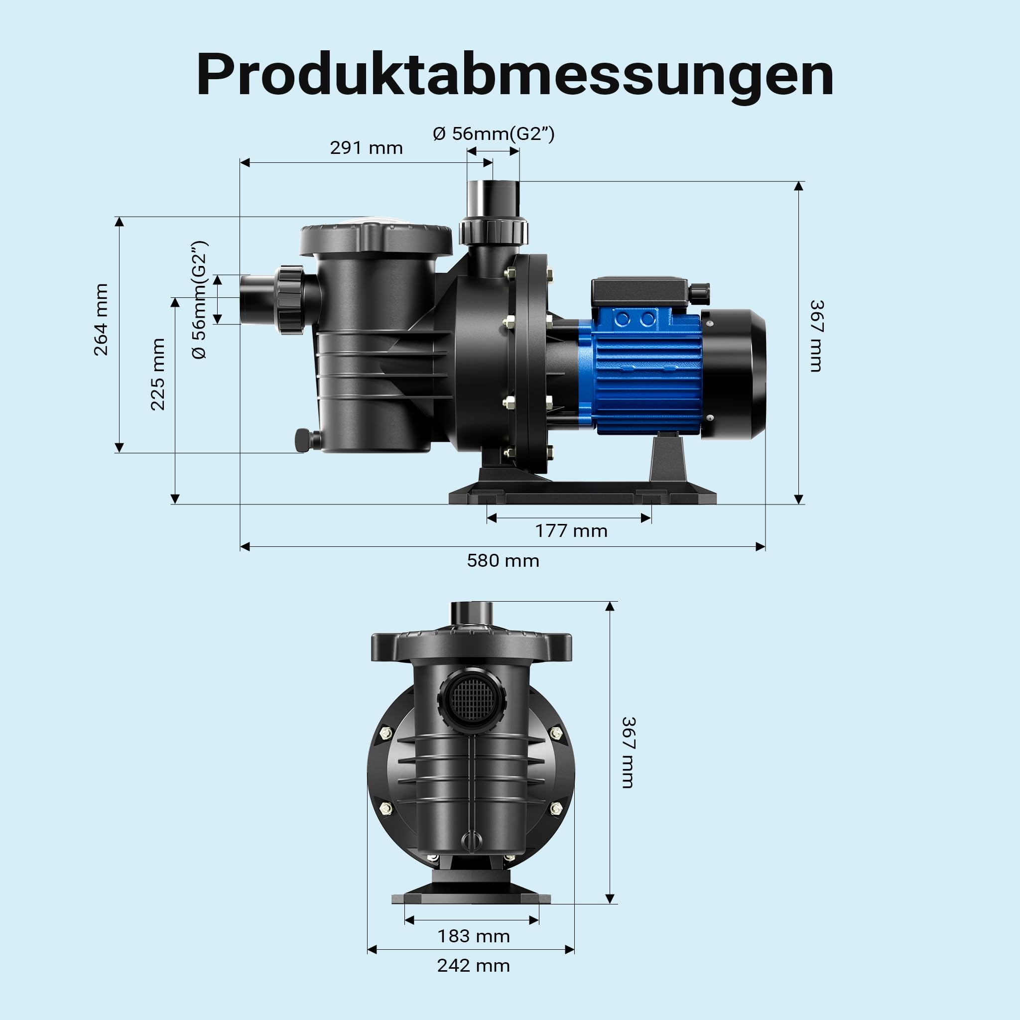 Wiltec Poolpumpe 16800 l/h 567 W für 67-100m³ Pools, Schwimmbadpumpe mit 10,5 m Förderhöhe, Umwälzpumpe für Schwimmbecken