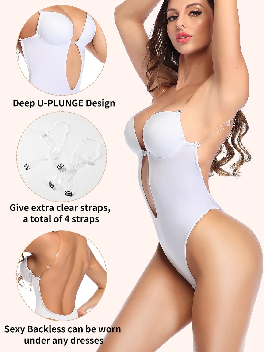 JOYSHAPER Women Plunge Backless Body shaper Bra Bodysuit Low back Thong Shapewear for Backless Dress Black 2XL - Image 3