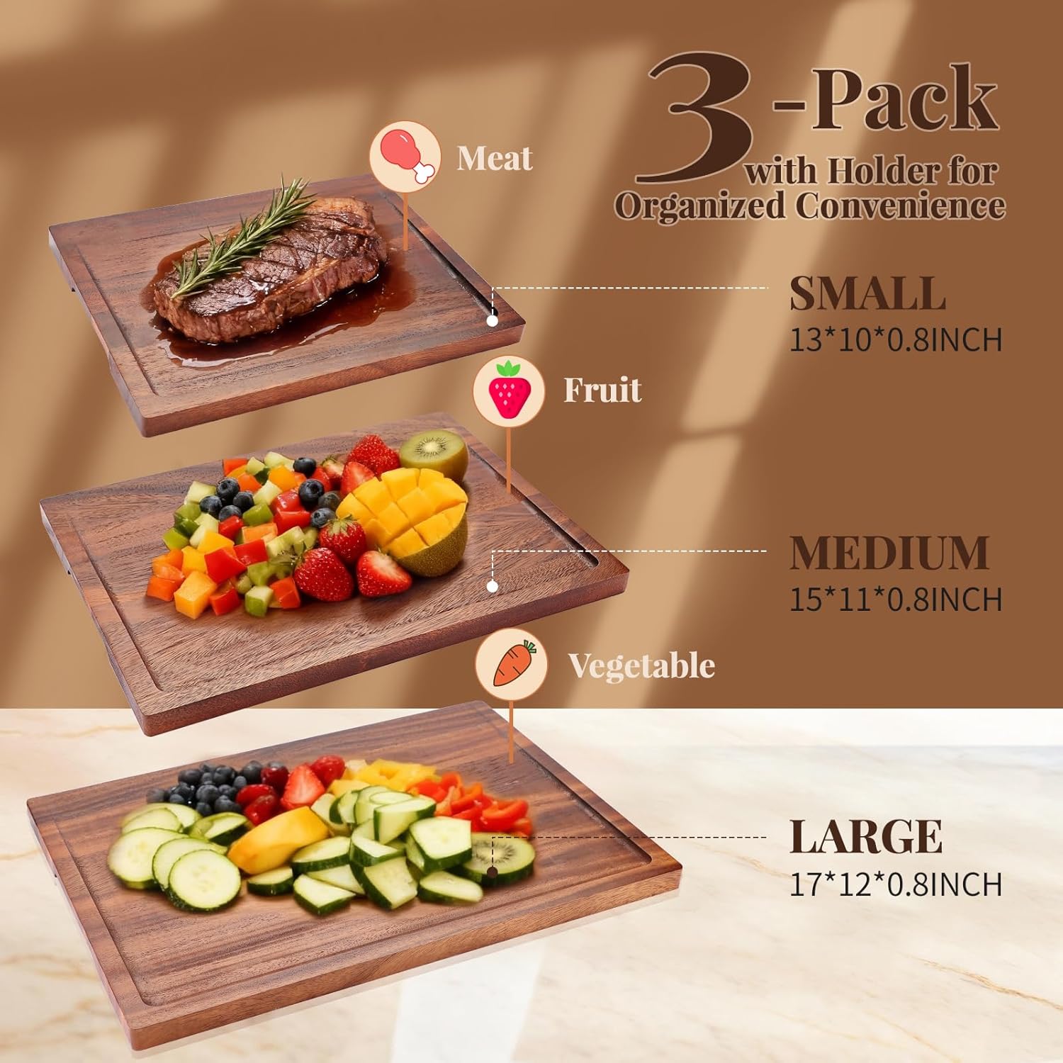 Walnut Wood Cutting Boards for Kitchen 3 Packs, Solid Wooden Cutting Board Set with Holder, Large-Small Chopping Boards with Deep Juice Grooves, Non Toxic 100% Natural, Perfect House Warming Gifts