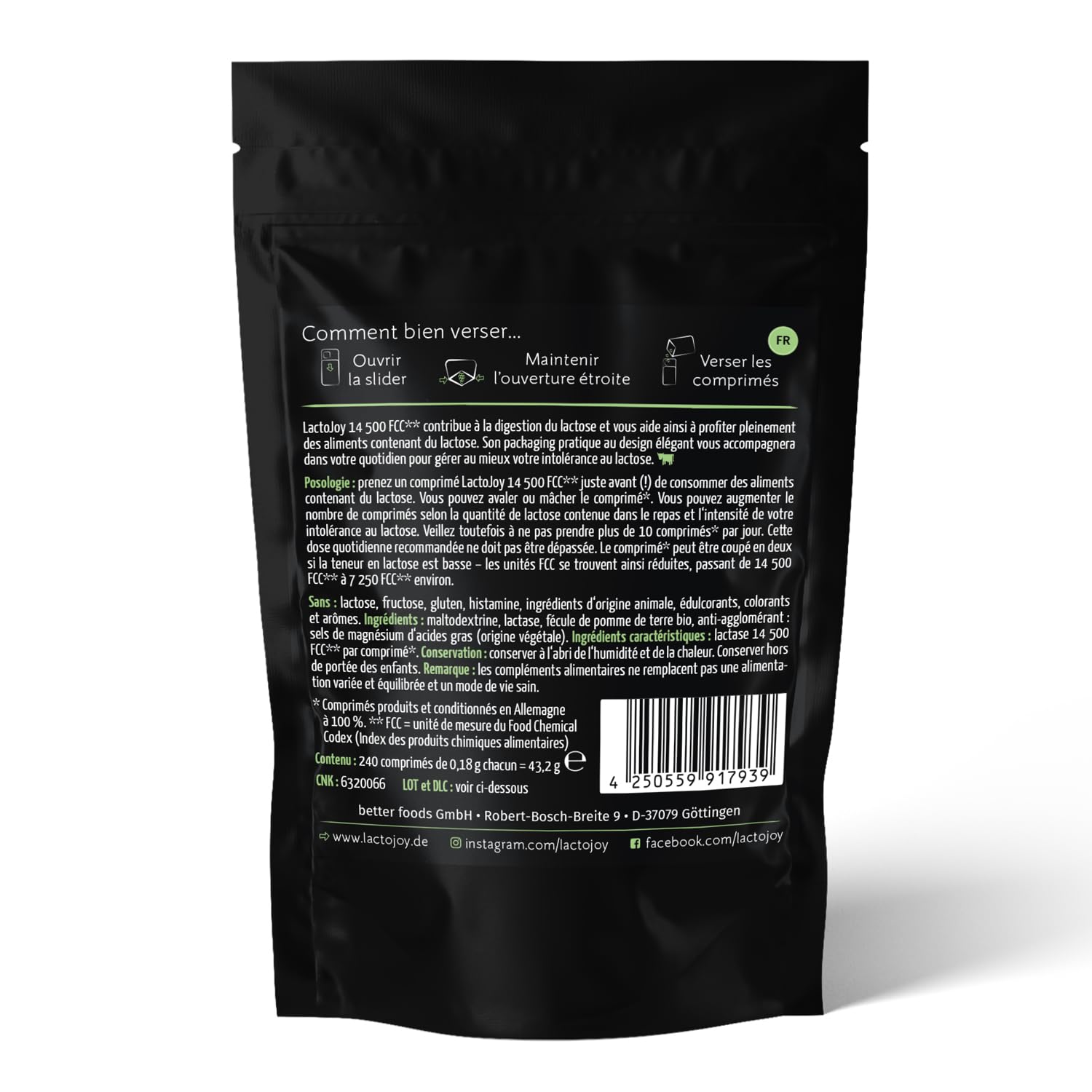 LactoJoy Comprimés de Lactase 14 500 FCC 240 Pcs. RECHARGE - Combat l'Intolérance au Lactose, Favorise la Digestion du Lactose