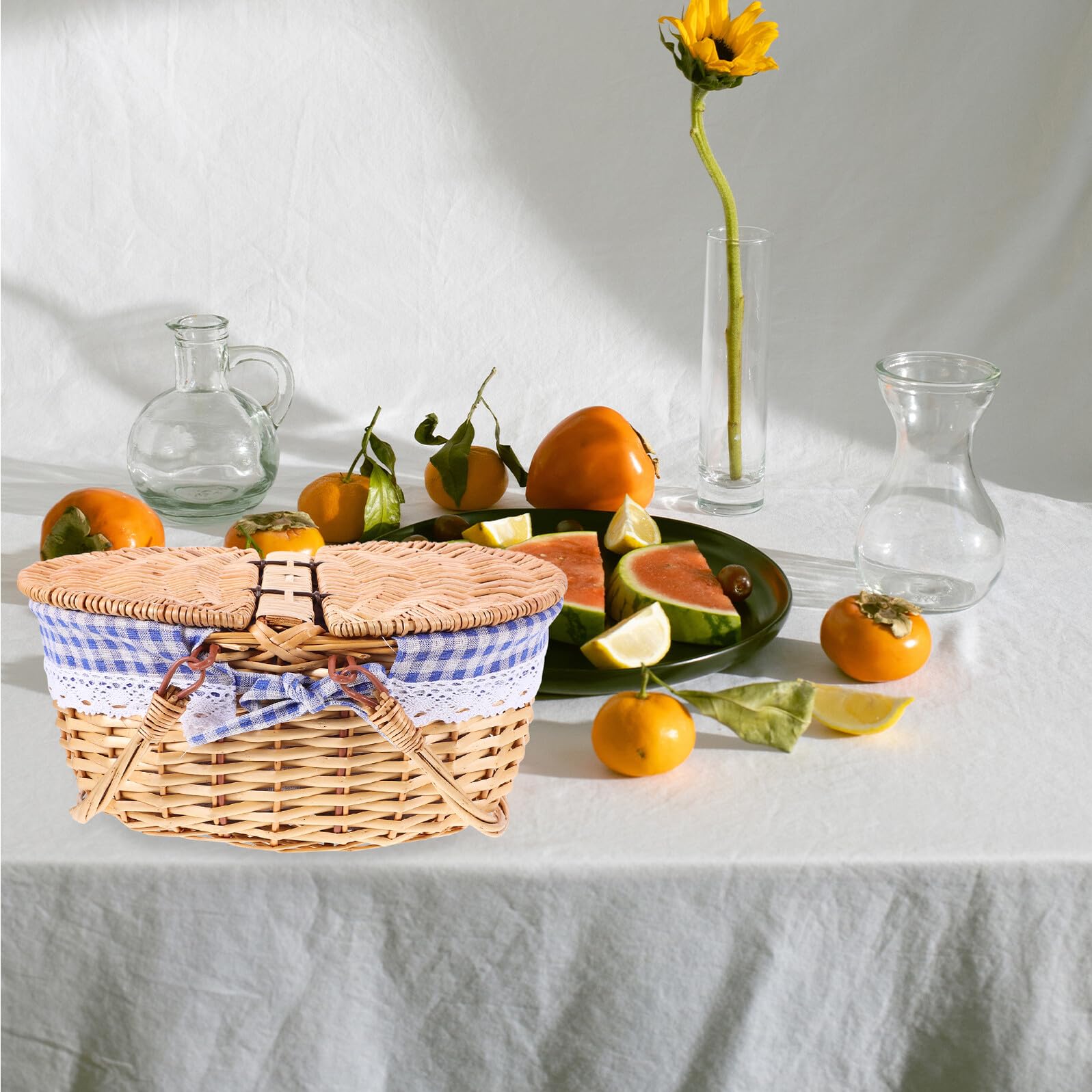 DOITOOL Cesta de Picnic de Mimbre con Tapa Cesta de Almacenamiento Tejida 35x25x17 Cm para Frutas y Pan para Hogar y Exteriores