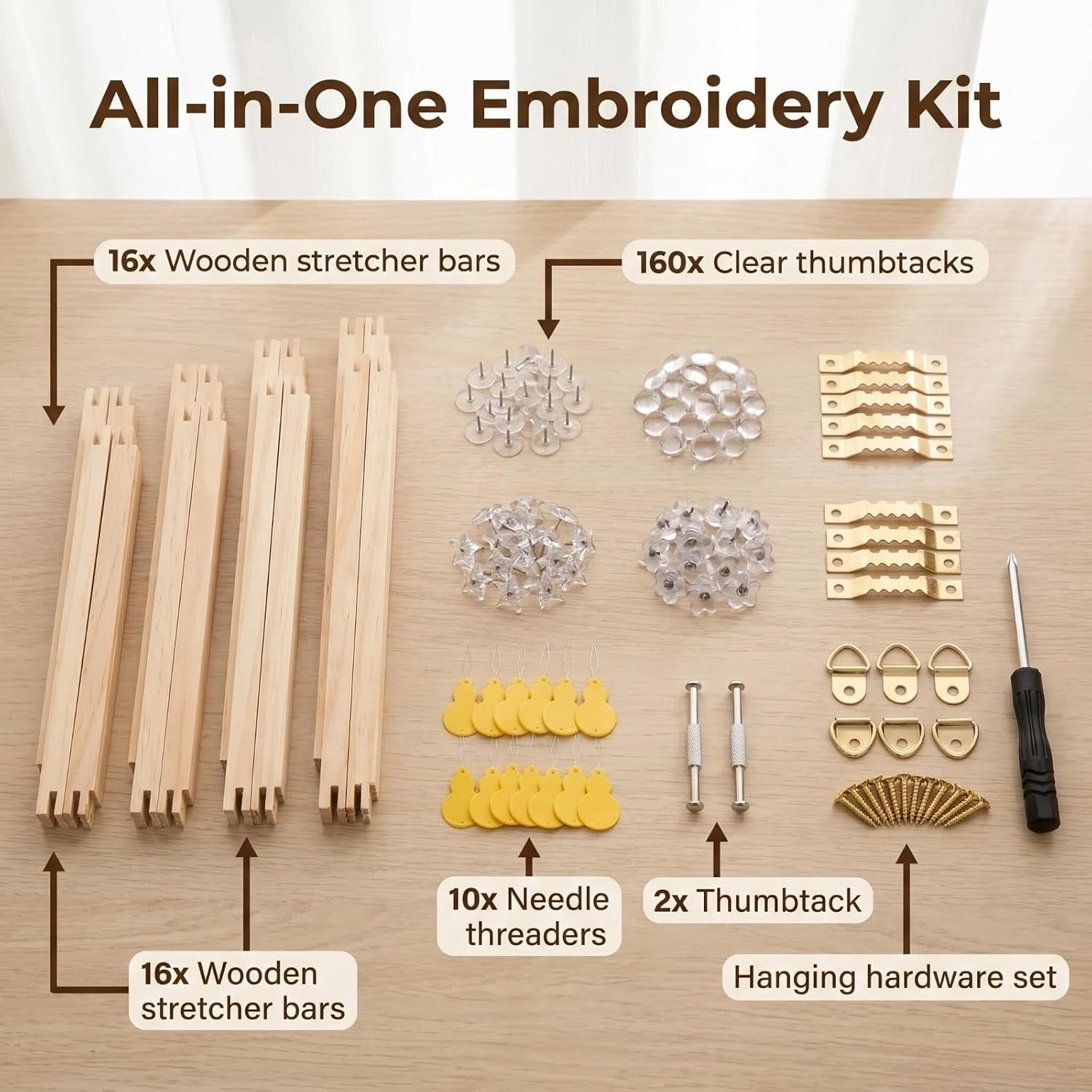 Bekecidi 16 Pcs Wooden Needlepoint Stretcher Bars for Needlework, 4 Sizes Bar Frame Accessories with Tacks, Fits 13 Mesh and 18 Mesh Blank Canvas, Ideal for Beginners Embroidery and Cross-Stitch Kits