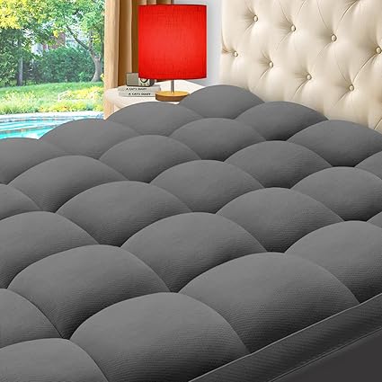 ELEMUSE Full Grey Cooling Bamboo Viscose Mattress Topper for Back Pain, Extra Thick Mattress Pad Cover, Plush Soft Pillowtop with Elastic Deep Pocket, Overfilled Down Alternative Filling