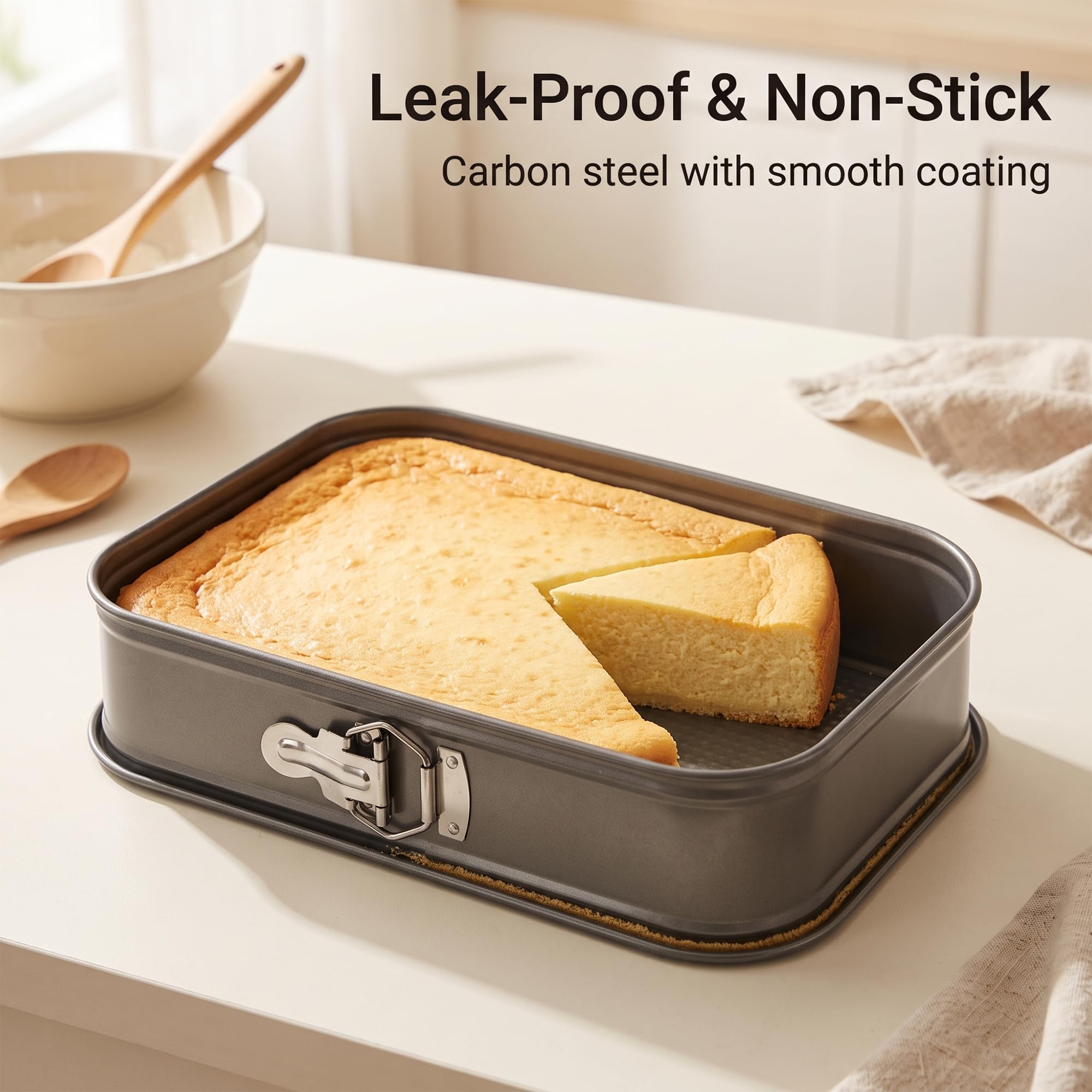 Confezione da 2 teglie rettangolari per torte a molla, 35,5 x 24 x 7,8 cm, in acciaio al carbonio, con fondo rimovibile, teglie da forno a prova di perdite, per forni domestici e cucina