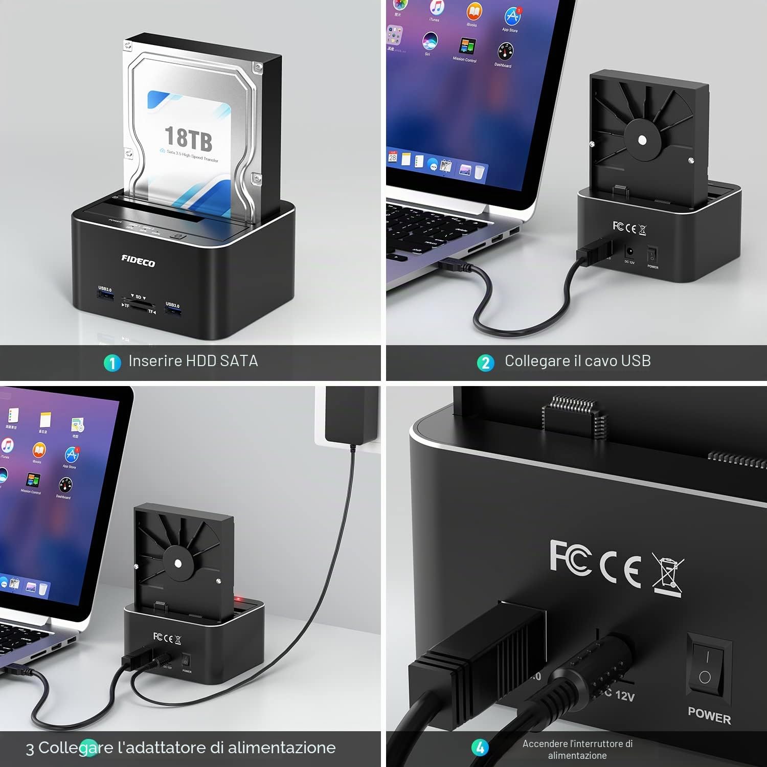 FIDECO Docking station per hard disk, USB 3.0 in alluminio Stazioni per hard disk da 2,5"/3,5" SATA HDD SSD, lettore di schede TF e SD, supporto clone offline