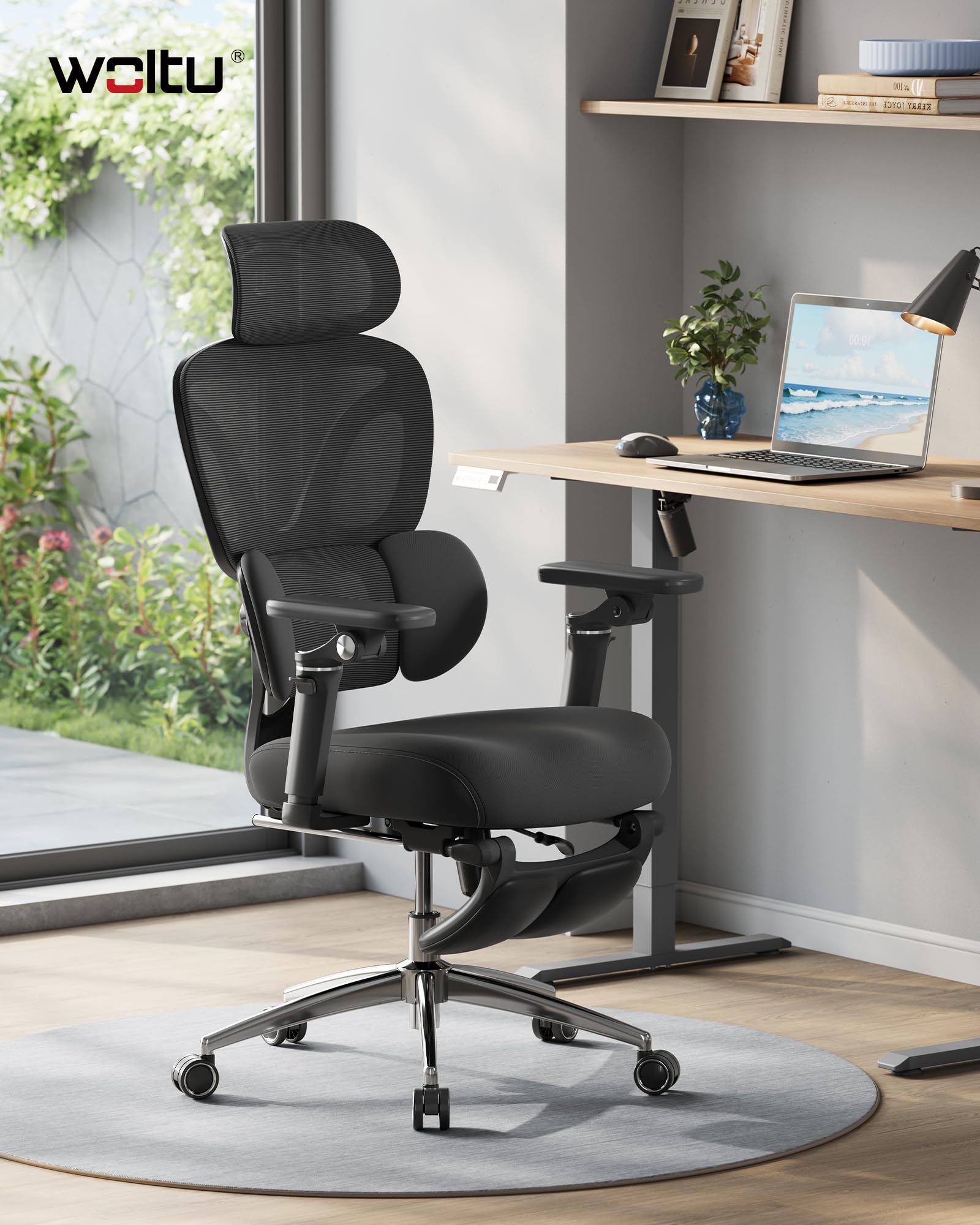 WOLTU Silla de Oficina Ergonómica, Silla Escritorio de Trabajo, Negro | Respaldo Inclinable y Reposapiés, Soporte Lumbar, Reposacabezas 3D, Reposabrazos 6D, en Estudio u Oficina