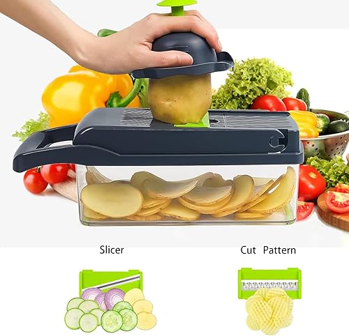 Miniatura 4 de Cortador de verduras, multifuncional 13 en 1 rebanador de alimentos para cocina. Cortador de verduras con 8 cuchillas y recipiente para ensalada,