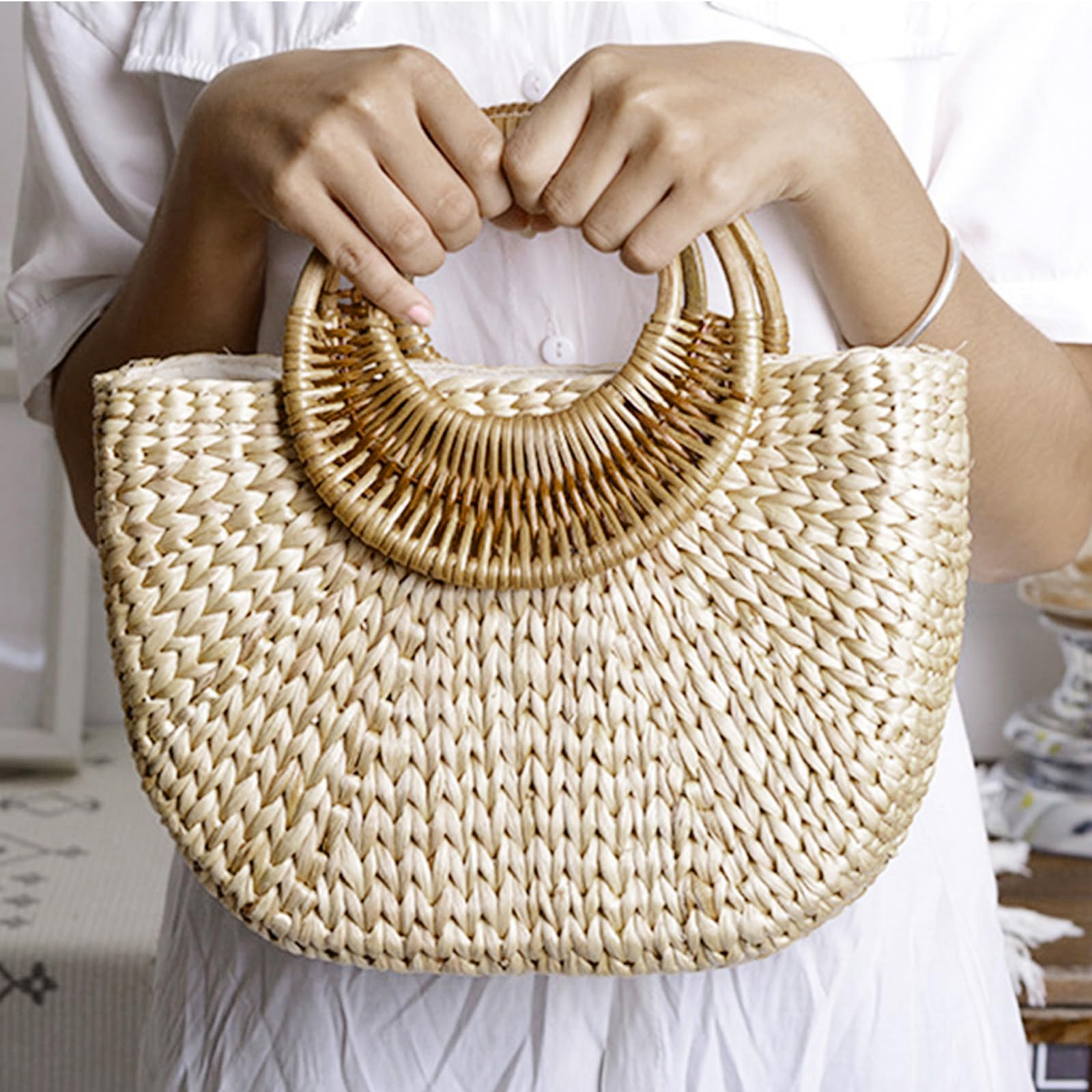 Elegante borsa paglia per donna Borsa con manico superiore Elegante borsa da spiaggia intrecciata a mano quotidiana per le vacanze alla da donna