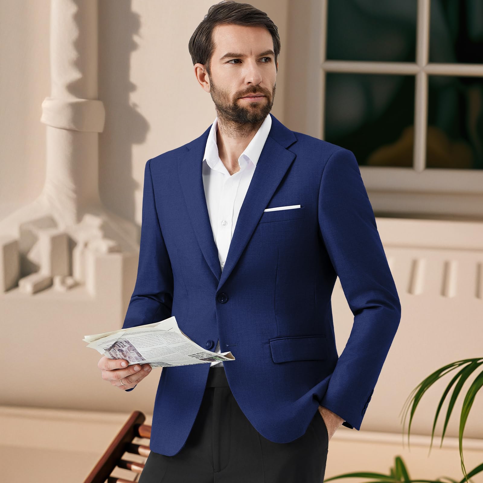 Blazer Homme Slim Fit Veste de Costume à 2 Boutons Couleur Unie Veston Classqiue Mariage d'affaires