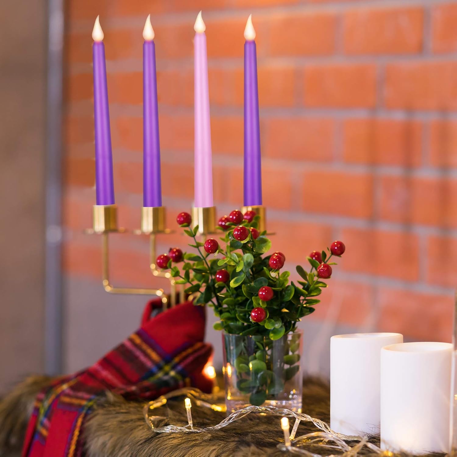 Honoson Set of 4 LED Flameless Advent Candle Battery Operated Purple and Pink Flameless Taper Candles for Advent Wreath Holiday Church Christmas Celebration