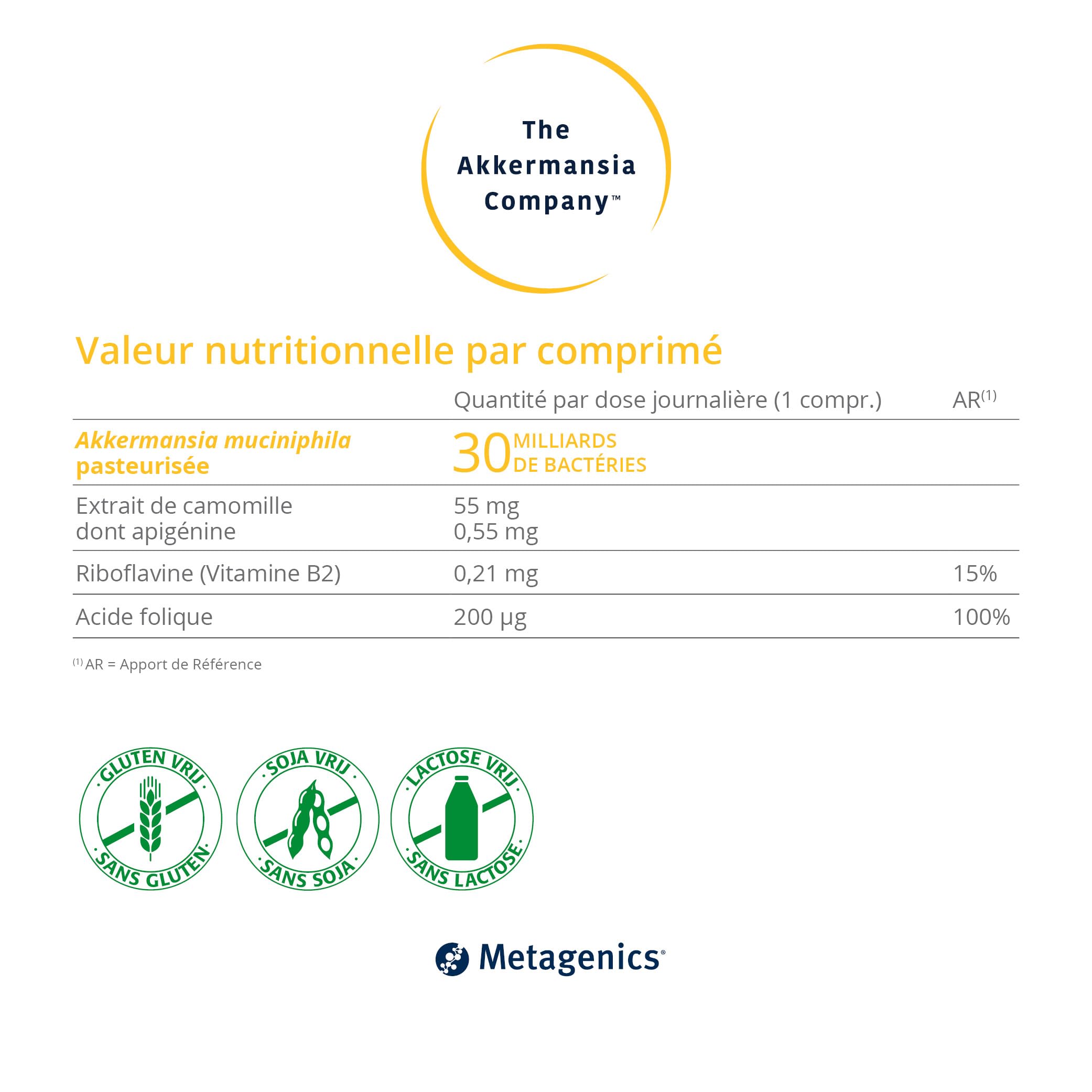 The Akkermansia Company Confort Intestinal - 30 Mds Probiotiques, Camomille, Vit. B2 & B9 - Santé Digestive, Stress & Muqueuses - 30 Comprimés Végans