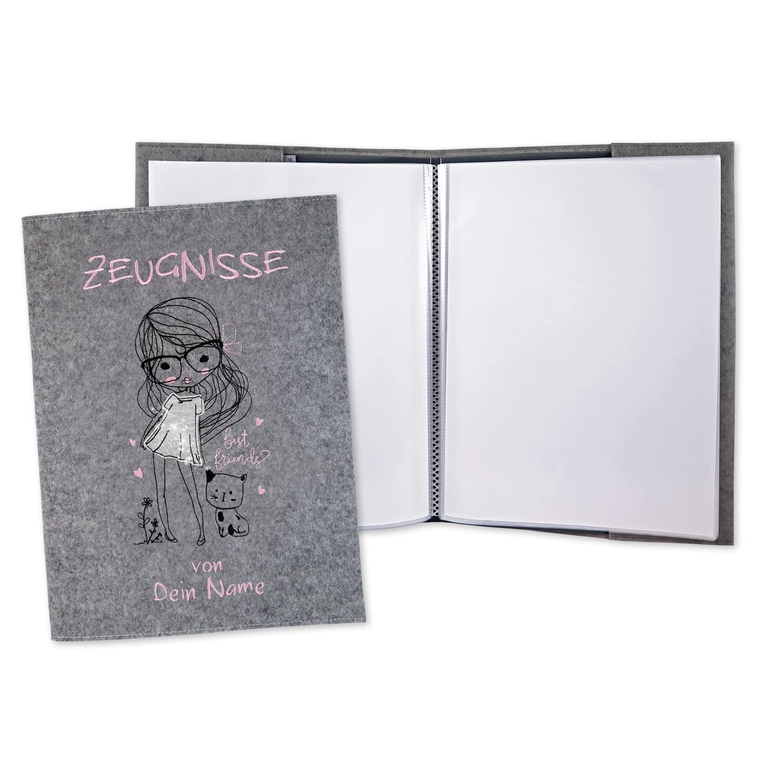 Zeugnismappe Mädchen mit Katze grau/glitzer personalisiert mit Namen 100% Wollfilzumschlag und Sichtbuch DIN A4 mit 20 Hüllen