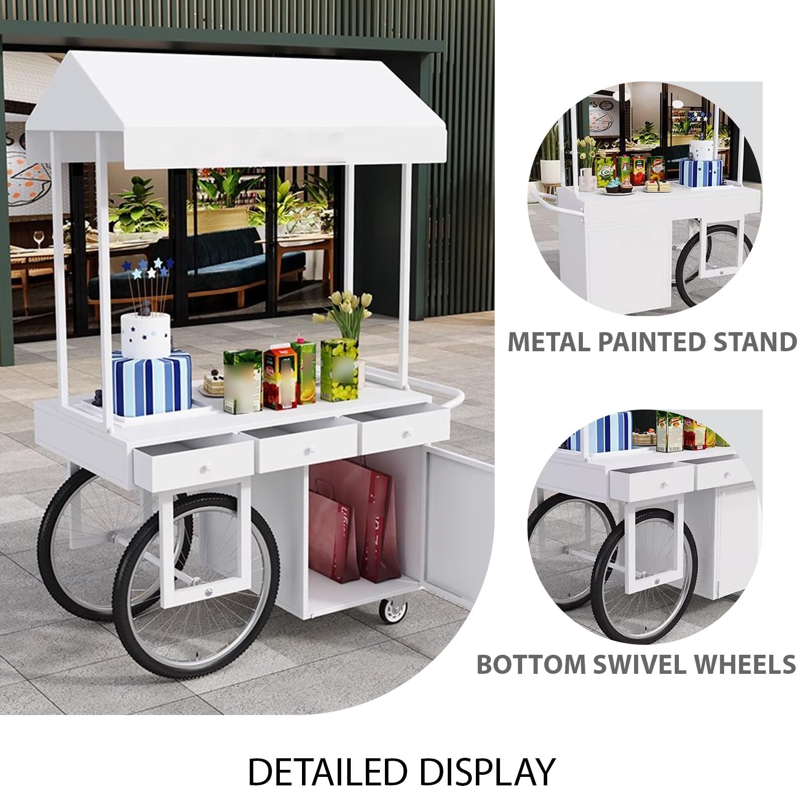 Carrito de Comida Callejero,Móvil de Venta Ambulante de Comida,Almacenamiento Abierto, Gran Capacidad de Carga,Acabado Pintado,para Tiendas minoristas en Calles.(Wit,140 * 70 * 200cm)