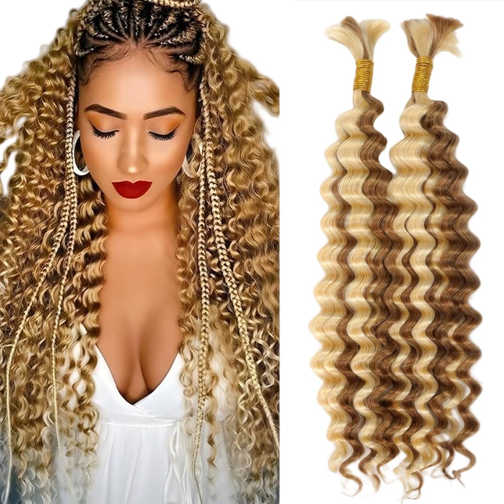 Gsoroel P27/613 Highlight Blonde Boho Braids Human Hair Extensions Honey Blonde 26 26 Inch Weave 2 Bundles Total 100g Unprocessed Deep Wave No Weft Human Braiding Hair For Women