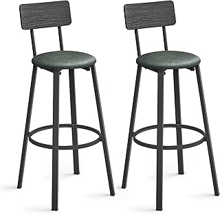 VASAGLE Bar Stools, Set of 2 PU Upholstered Breakfast Stools, 29.7-Inch Barstools with Back and Footrest, Simple Assembly, for Dining Room Kitchen Counter, Classic Black and Forest Green ULBC069C01