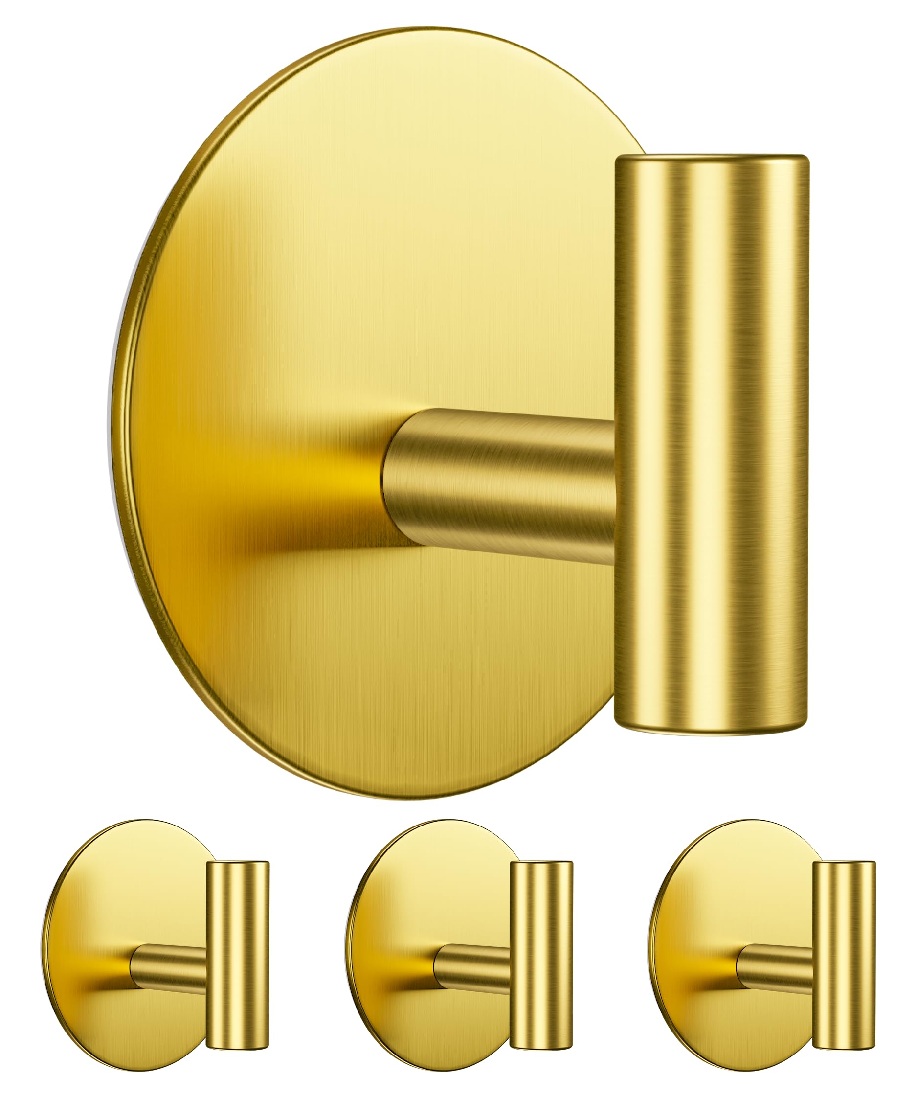 Aikzik Strong Self Adhesive Hooks - 26lb Max, Heavy Duty Stainless Steel Sticky Hooks, Strong Hooks for Hanging for Towel, Coat, Robe, Key, Stick on Bathroom, Kitchen, Door and Wall - Gold(4 Pack)