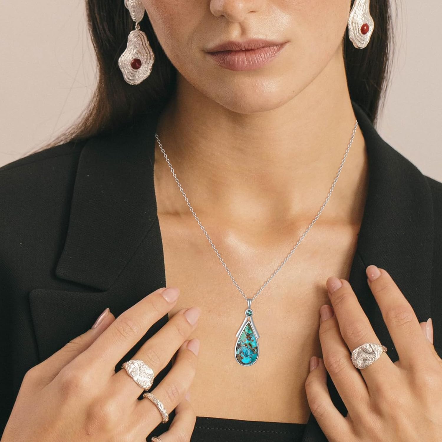 Turquoise Necklaces for Women 14k Gold Plated 925 Sterling Silver Western Pendant Necklace Teardrop Gemstone Boho Jewelry for Women