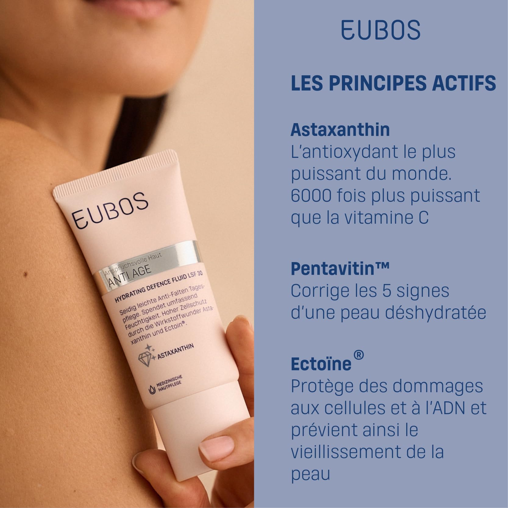 EUBOS | ANTI ÂGE | Fluide Défense Hydratante SPF 30 – Crème Visage Anti-Âge à l’Astaxanthine & Hyaluron | Hydratation 72h & Protection Cellulaire | Anti-UV & Radicaux Libres | 50 ml