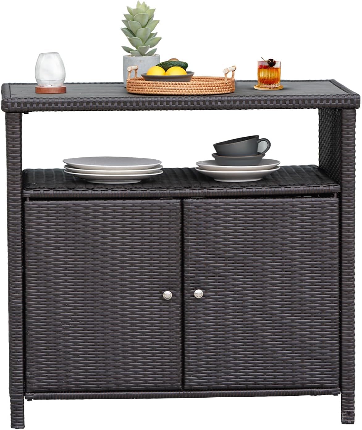Grand patio Gartenschrank, Küchenschrank Rattan, Terrassenschrank, 90x 85 x 50 cm, mit Doppeltüren, Gartenschrank Rattan für Garten, Terrasse, Wohnzimmer, Kaffeebraun