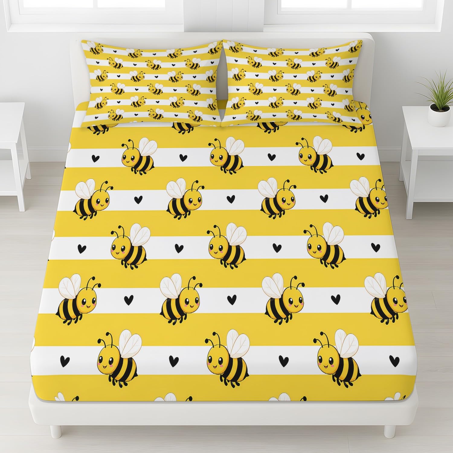 Cartoon Bee Prześcieradło z gumką 180 x 200 cm Czapki 30 cm, uroczy zestaw pościeli w paski z sercem dla dzieci nastolatków dorosłych, miękkie prześcieradło z mikrofibry, oddychający pokrowiec na