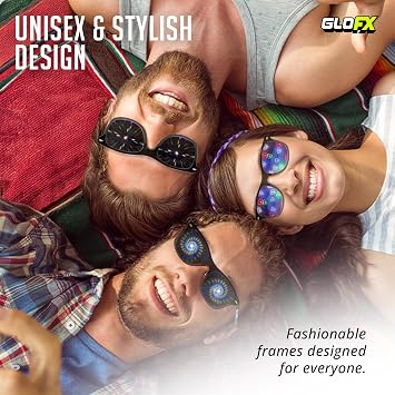 GloFX Snaps: Diffraction Rave Glasses | Black Magnetic Snap Frames with Line, Heart, and Spiral Lenses | Rave Accessories for Festivals, Rave Gear, and Kaleidoscope Effects