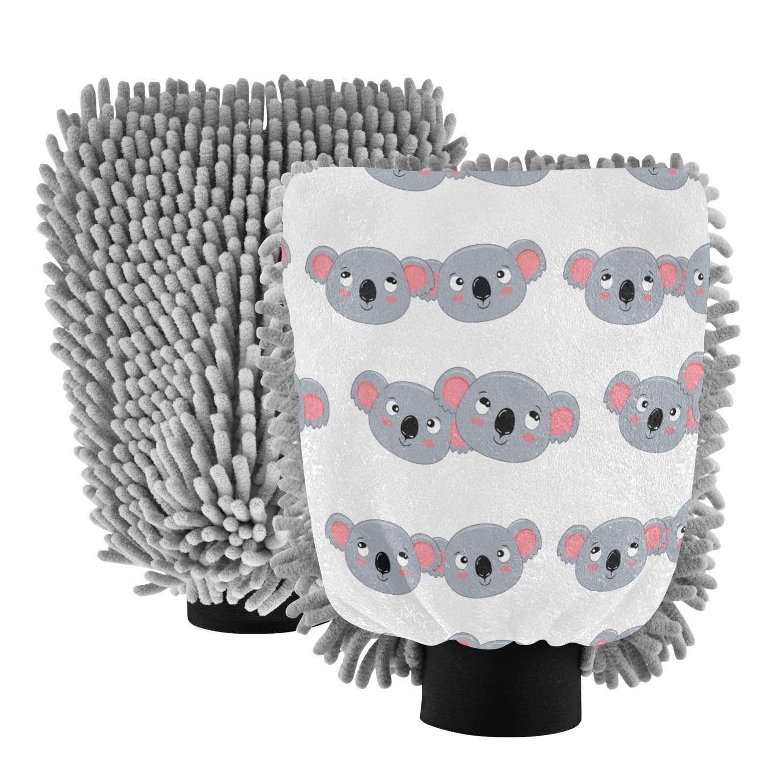 STAYTOP Cute Koala Car Wash Mitt Microfiber, 2Pcs Scratch Free Lint-Free, Premium Chenille Microfiber Mitt Car Wash Brush-L