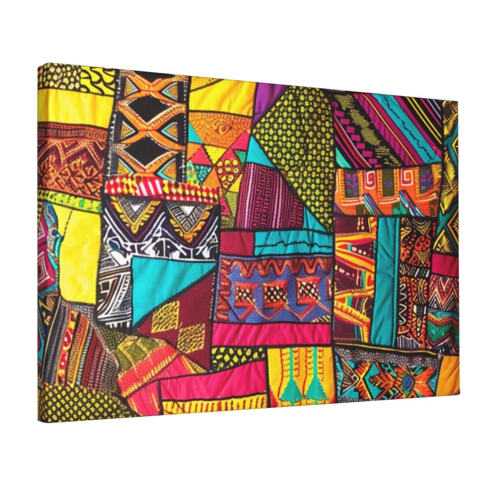 YKLJG African Textile Patchwork print Printed Wall Art Canvas Prints 45x30 CM Wooden Framed Picture Painting Artwork for Bedroom Kitchen Home Office Decor