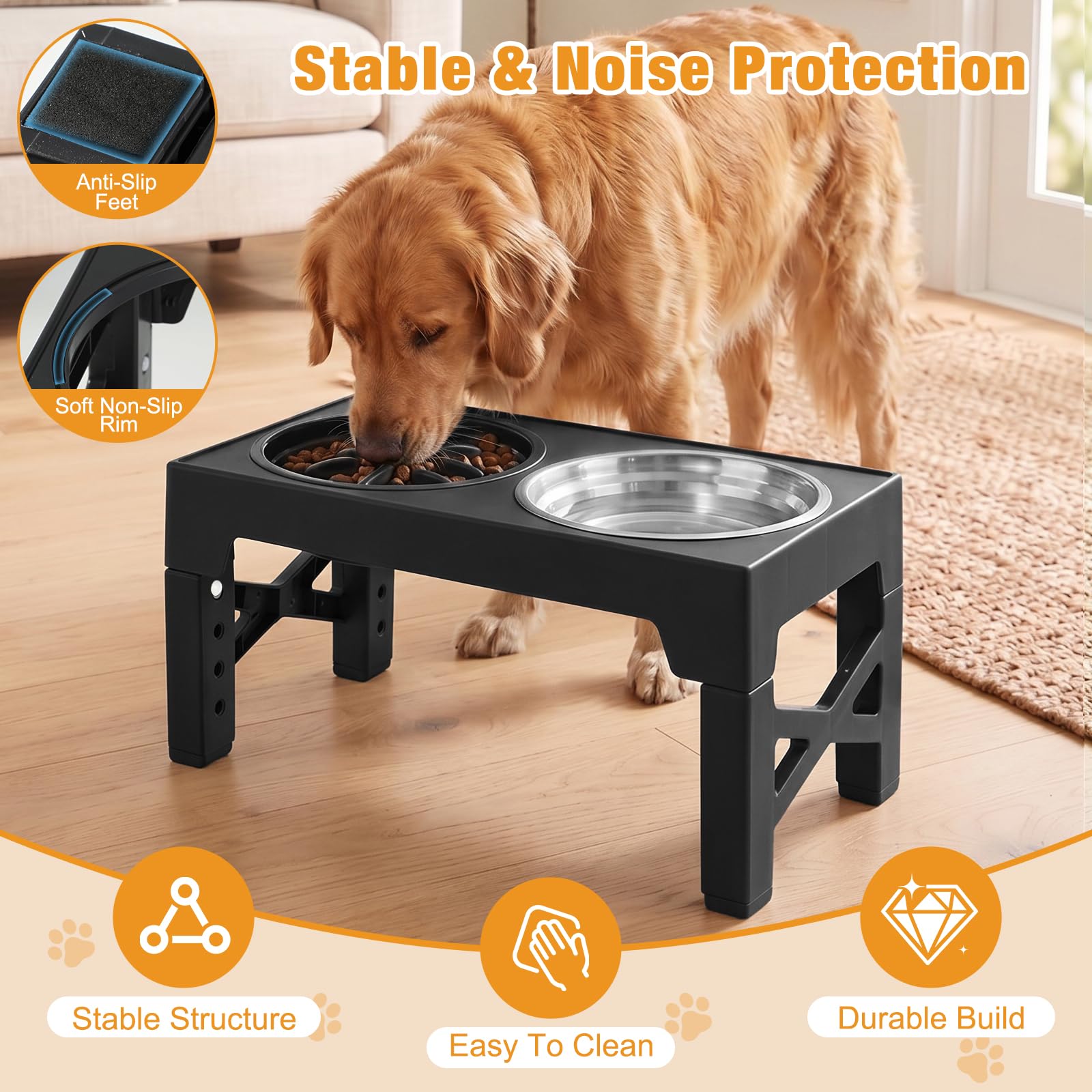 Gamelle surélevée pour chien – 5 niveaux réglables en hauteur – Mangeoire avec 2 bols en acier inoxydable de 1200 ml et 1 gamelle Slow-Feeder, antidérapante, pliable, pour petits et grands chiens