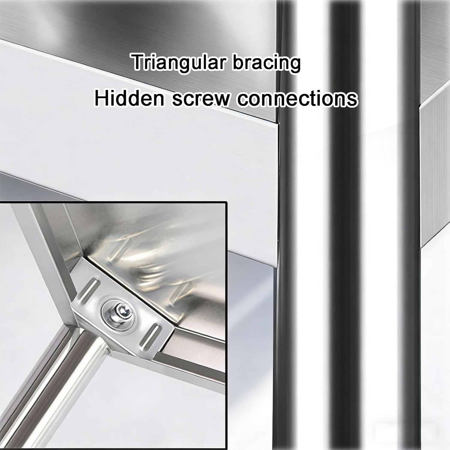 Stainless Steel Workbench for Home Use with Adjustable Legs 133 Cm in Height Reinforced Columns Commercial Work Table Triangular Support Structure Hidden Screws Brushed Finish