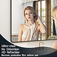 Vista 3 de OKPAL 16x24 Espejo de baño de bronce, espejo de marco de bronce rectangular redondeado, espejo de tocador de baño de bronce cepillado para montar