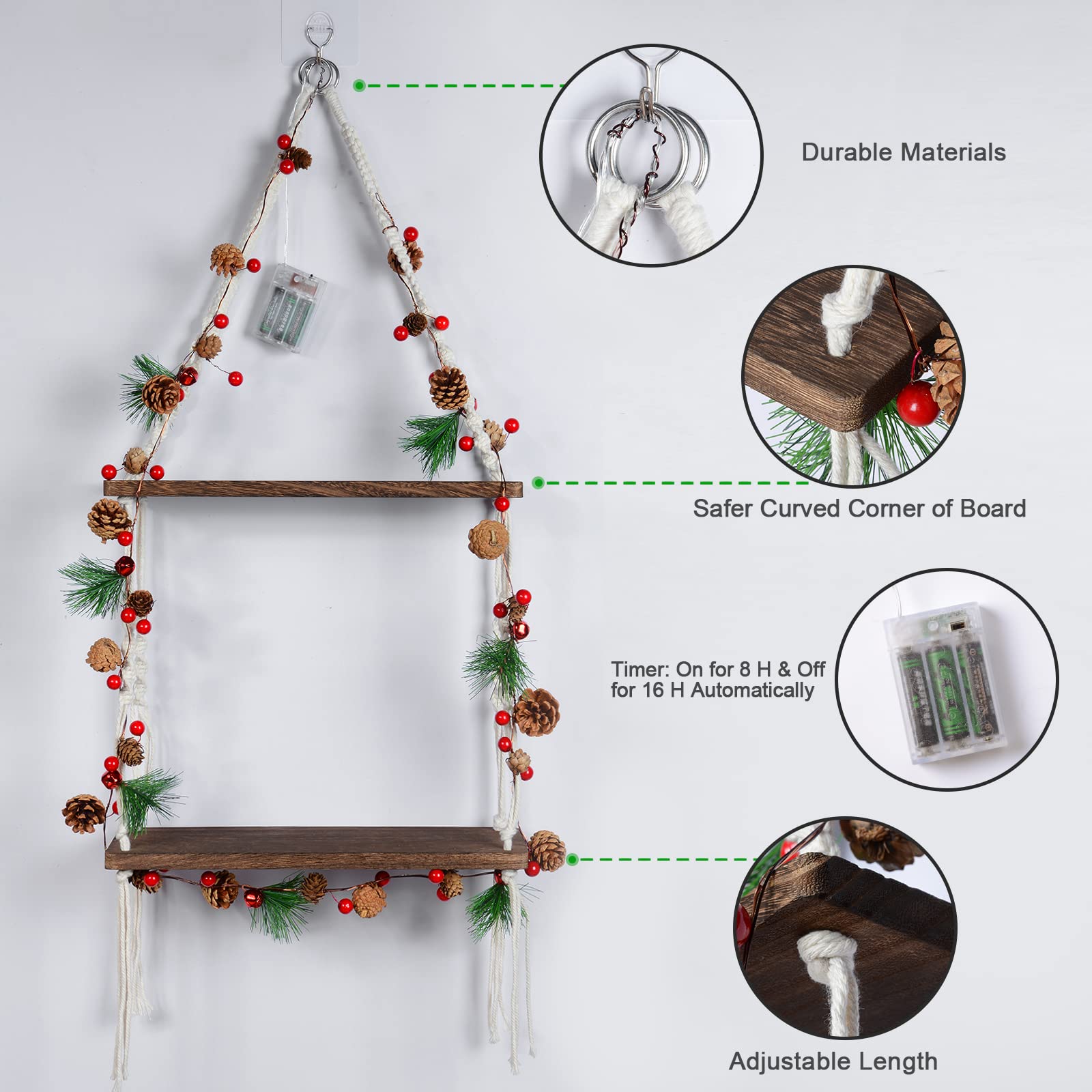 JERESER 2-Tier Wall Mounted Wooden Shelf with Christmas String Lights, Boho Decor, Suitable for Home, Bedroom, Bathroom