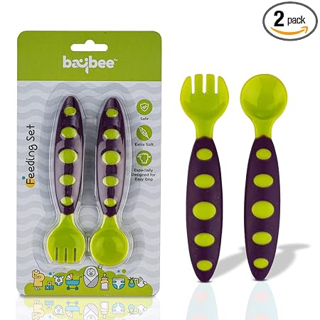 Baybee Ultra Soft Baby Spoon Set for Baby Feeding, Non Toxic BPA Free Baby Training Feeding Spoon & Fork Set, Easy Grip Handle | Baby Feeding Spoons | Feeding Spoon Set for Kids Toddlers (Green)