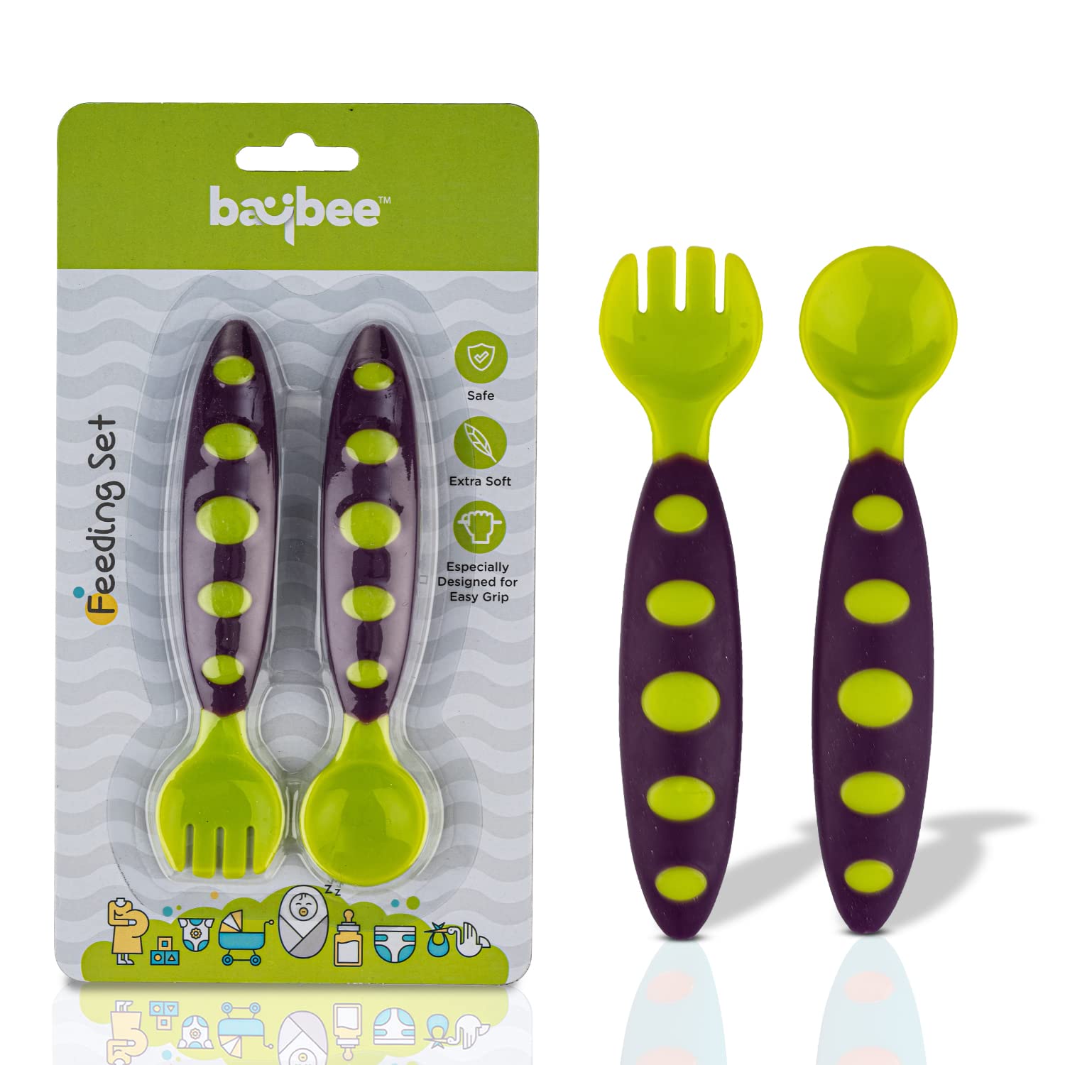 Baybee Silicone Baby Feeding Spoons Set of 2 | Bpa Free- Food Grade Soft Silicone Tip Spoon & Fork Self Feeding Utensil | Baby & Toddlers Gum Friendly Weaning Supplies for Kids 1 Months+ (Green)-image-6