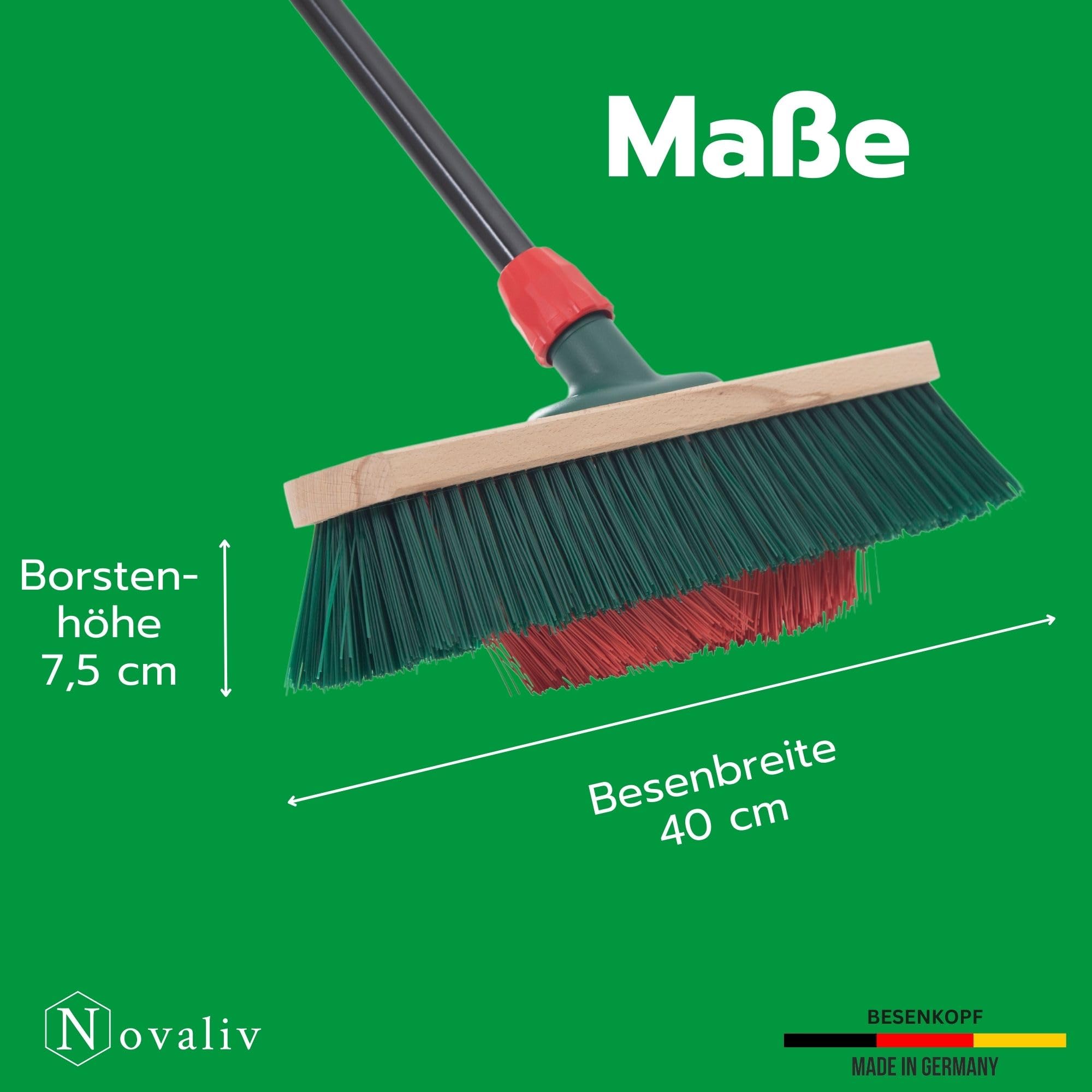 Novaliv 4X Besen mit V-Beborstung 40 cm Elaston grün/rot | Besen mit Teleskopstiel | Straßenbesen Kehrbesen Gartenbesen Industriebesen Hofbesen Allzweckbesen Großraumbesen Garden Broom Strassenbesen
