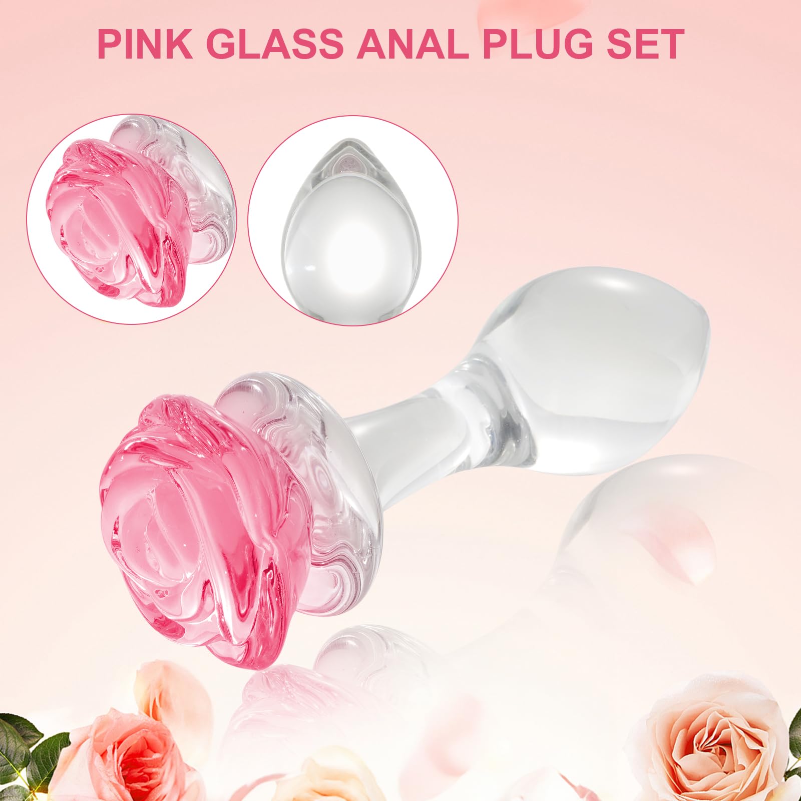 3-Piece Rose and Droplet Shaped Glass Anal Plug Set, Crystal Butt Plugs, Anal Stimulation Trainer, Anus Expander Training Sex Toys Anal Masturbation Plug for Adult Men Women Gay and Couples