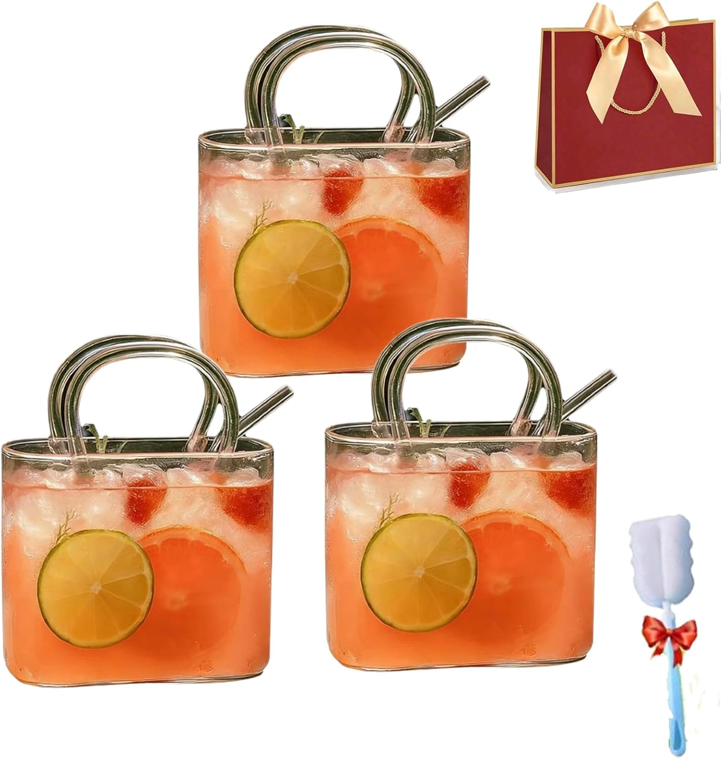 Glass Purse for Drinks, Glass Purse Cup, 26oz Unique Wine Glasses Purse, And Bag Vases for Cute Room Decor, For Fruit Juice, Tea, Flowers (3pcs)