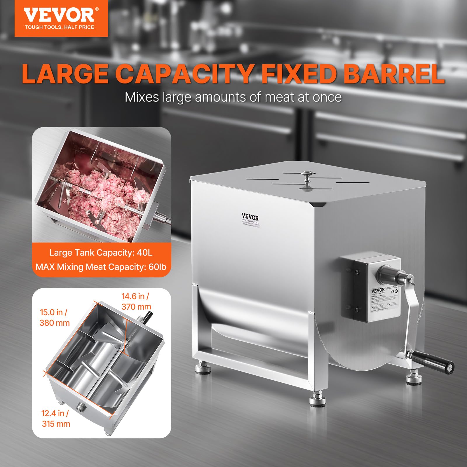 VEVOR Mezcladora de Carne Manual Tanque de 40 L, Equipo de Procesamiento de Carne, Capacidad Máxima de Mezcla de 27,2 kg, Mezcladora de Salchichas de Acero Inoxidable con Tapa, Caja de Engranajes