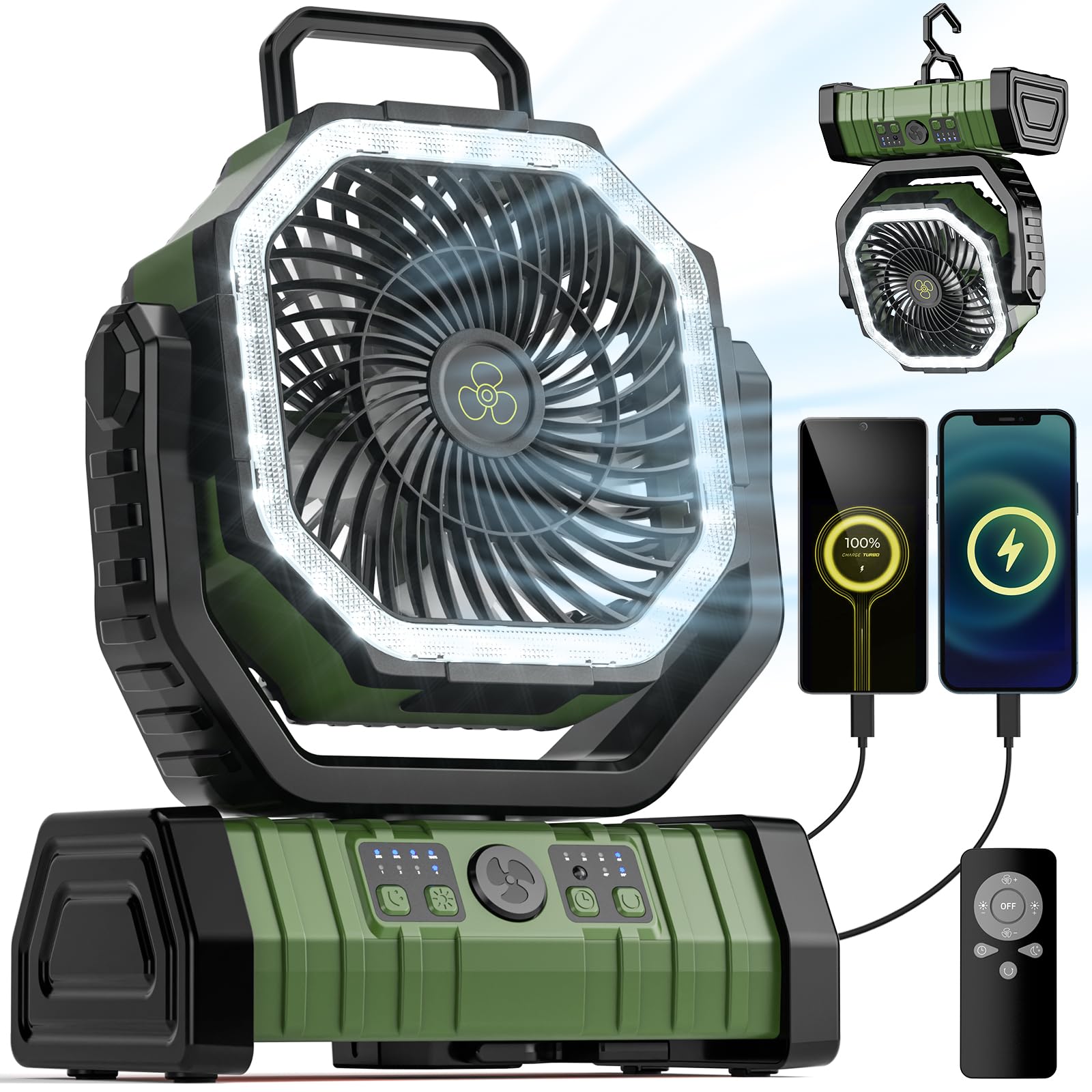 Camping Fan - 20000mAh Battery Powered Fan Rechargeable with LED Lantern - Portable Outdoor Tent Fans with Hanging Hook 4 Speeds Wind Remote Control, Green